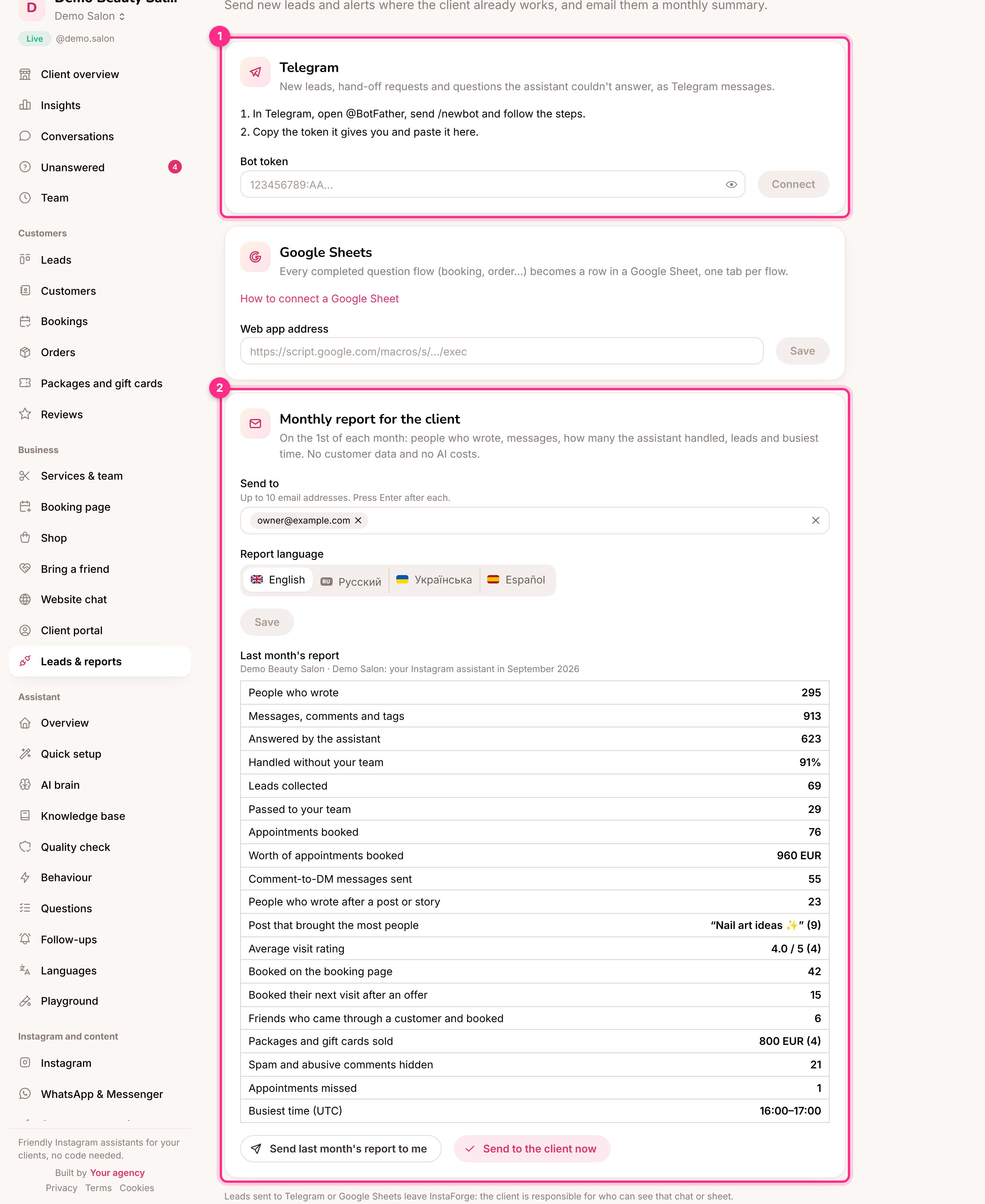 Leads and reports: Telegram (1) and the monthly report (2)