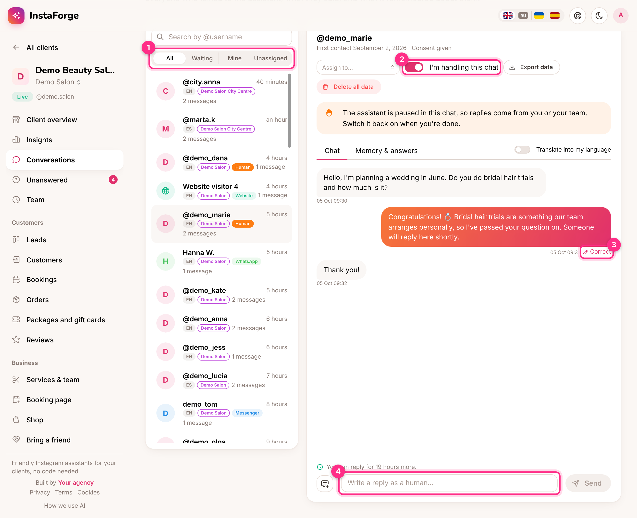 The inbox: filters (1), taking over a chat (2), correcting an answer (3) and replying (4)