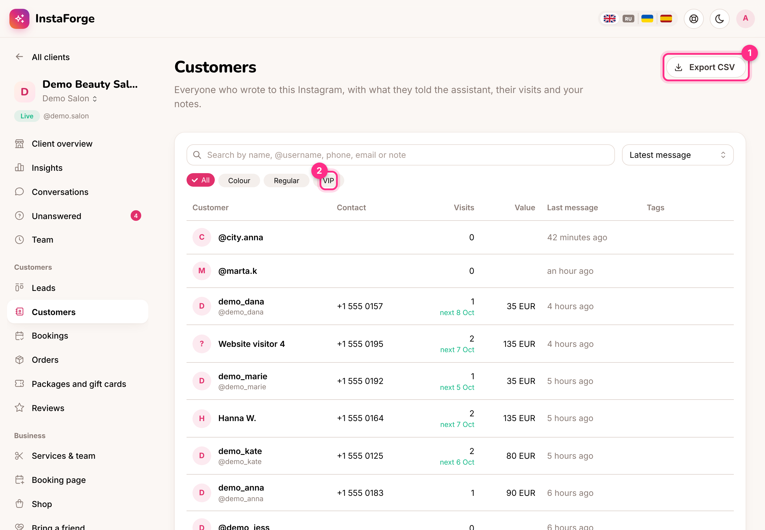 Customers: export (1) and tags (2)