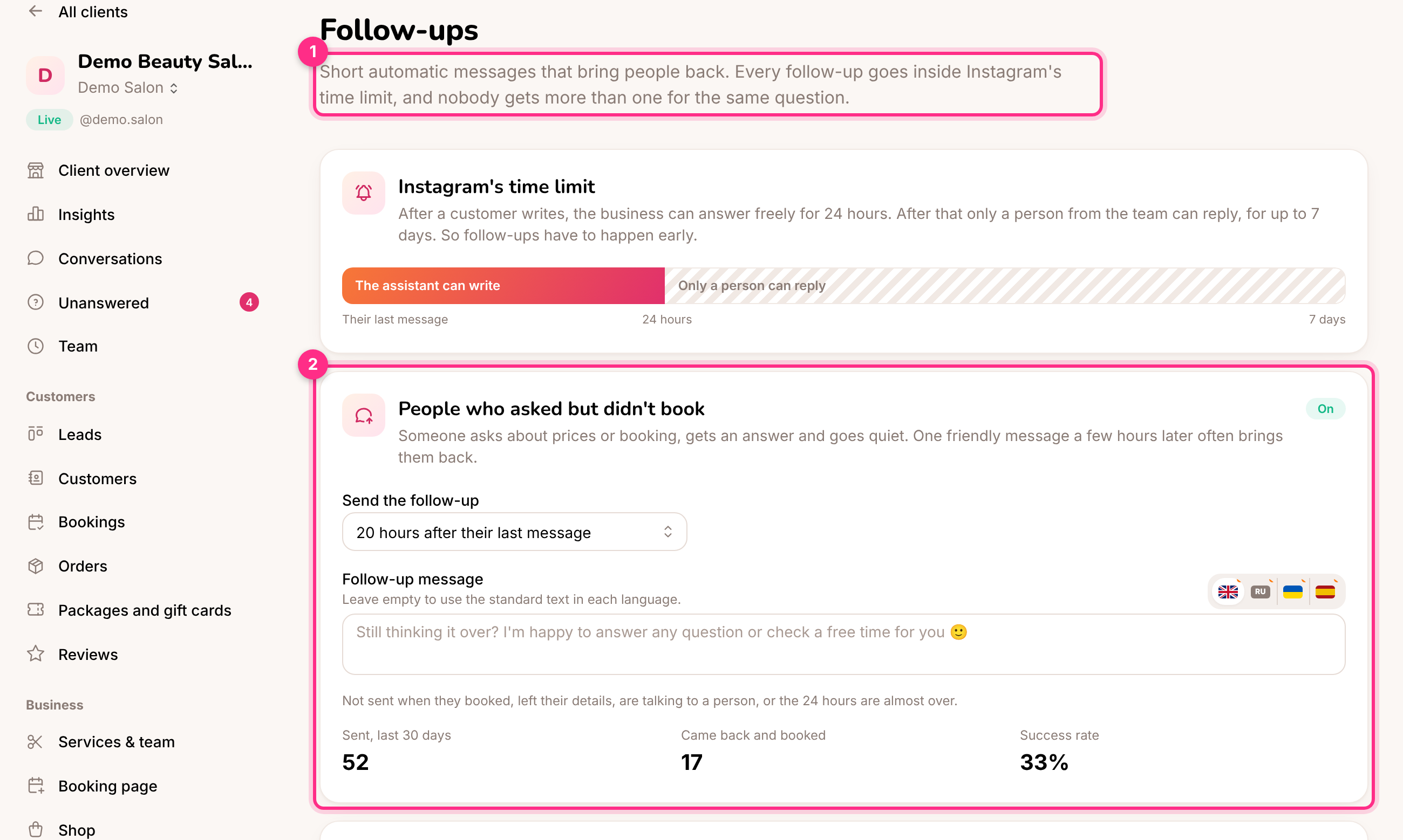Follow-ups: Instagram's time limit (1) and the follow-up for people who didn't book (2)