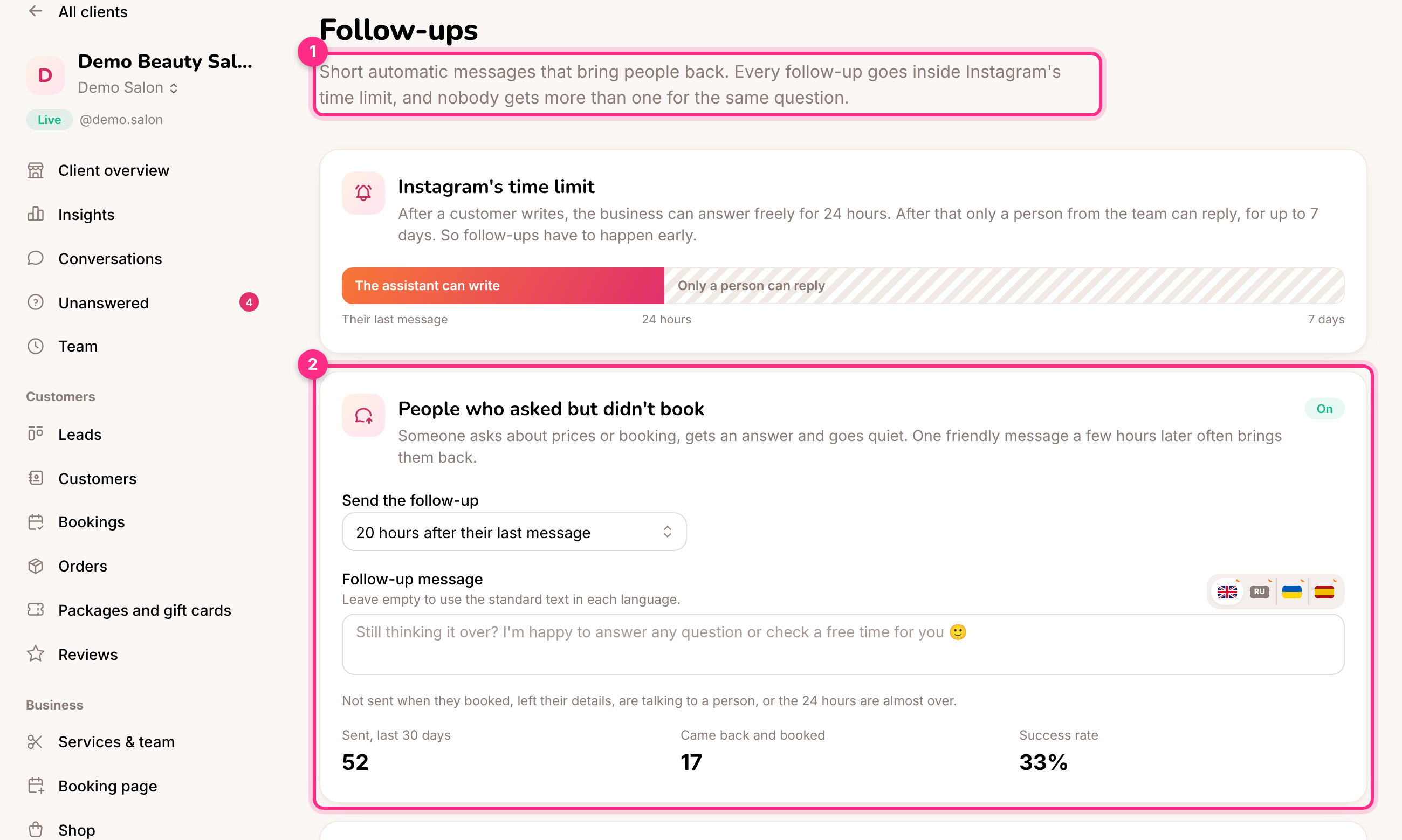 Follow-ups: Instagram's time limit (1) and the follow-up for people who didn't book (2)