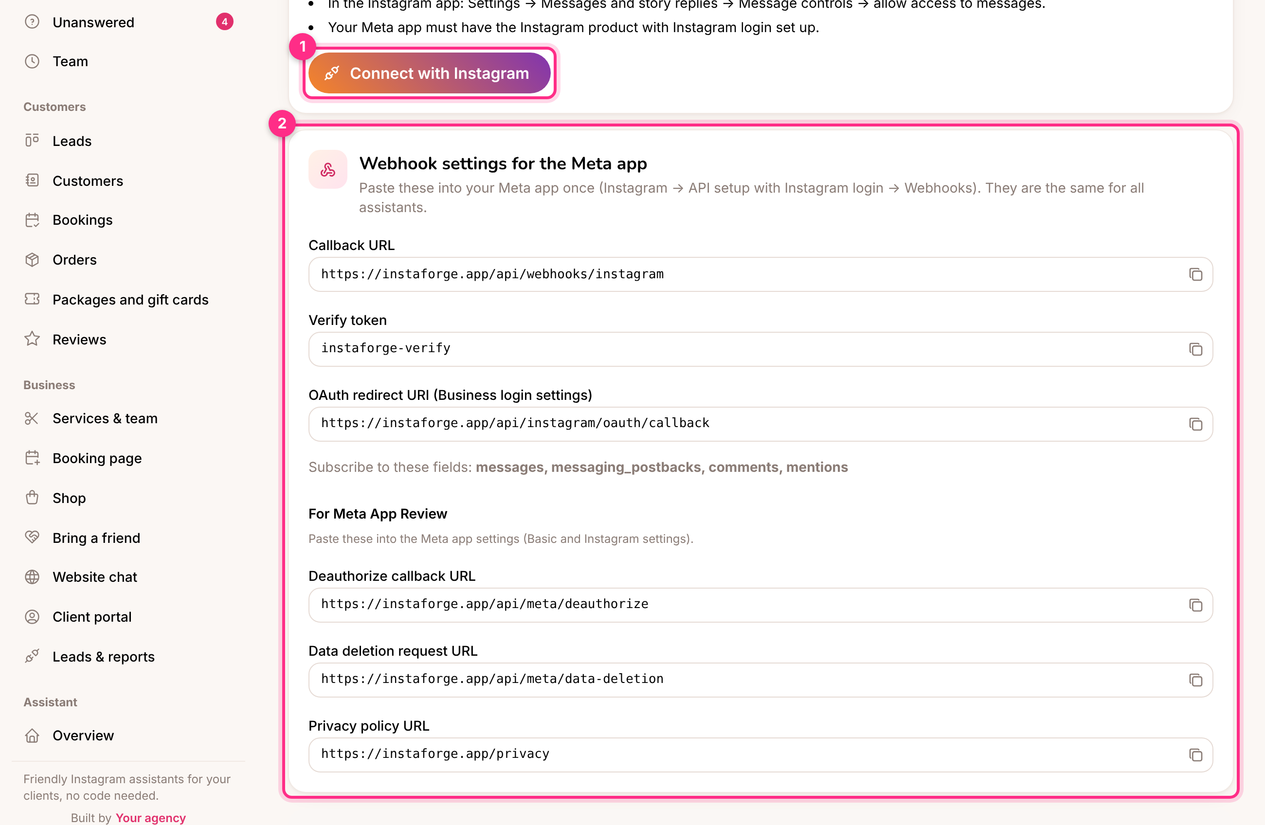The Instagram connection page