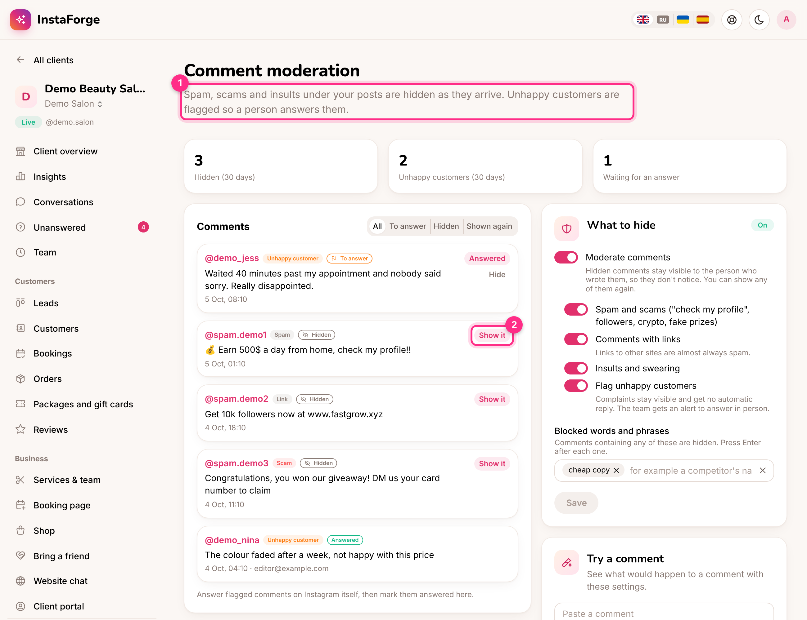 Comment moderation: an unhappy customer to answer (1) and a hidden comment you can show again (2)