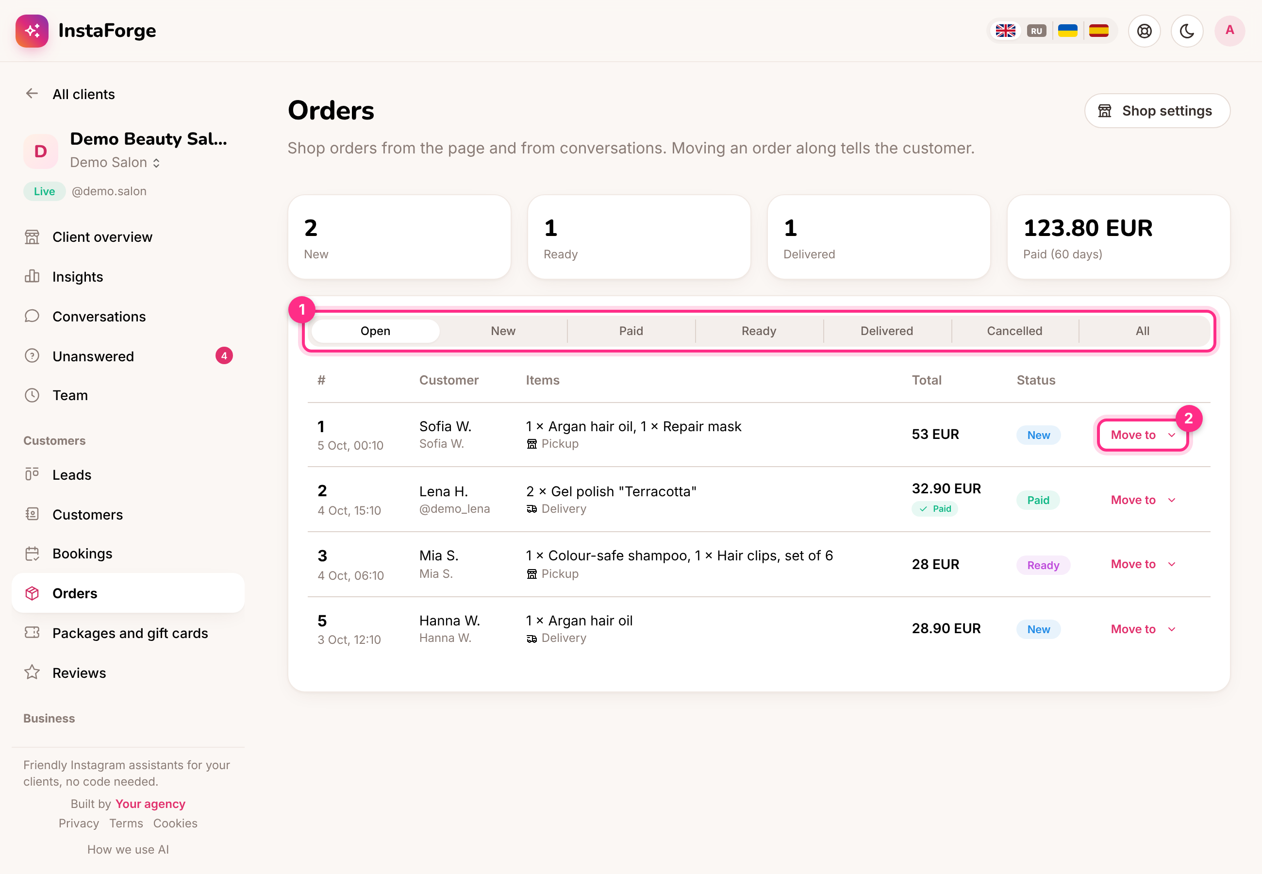 Orders: filter by status (1) and move an order along (2)