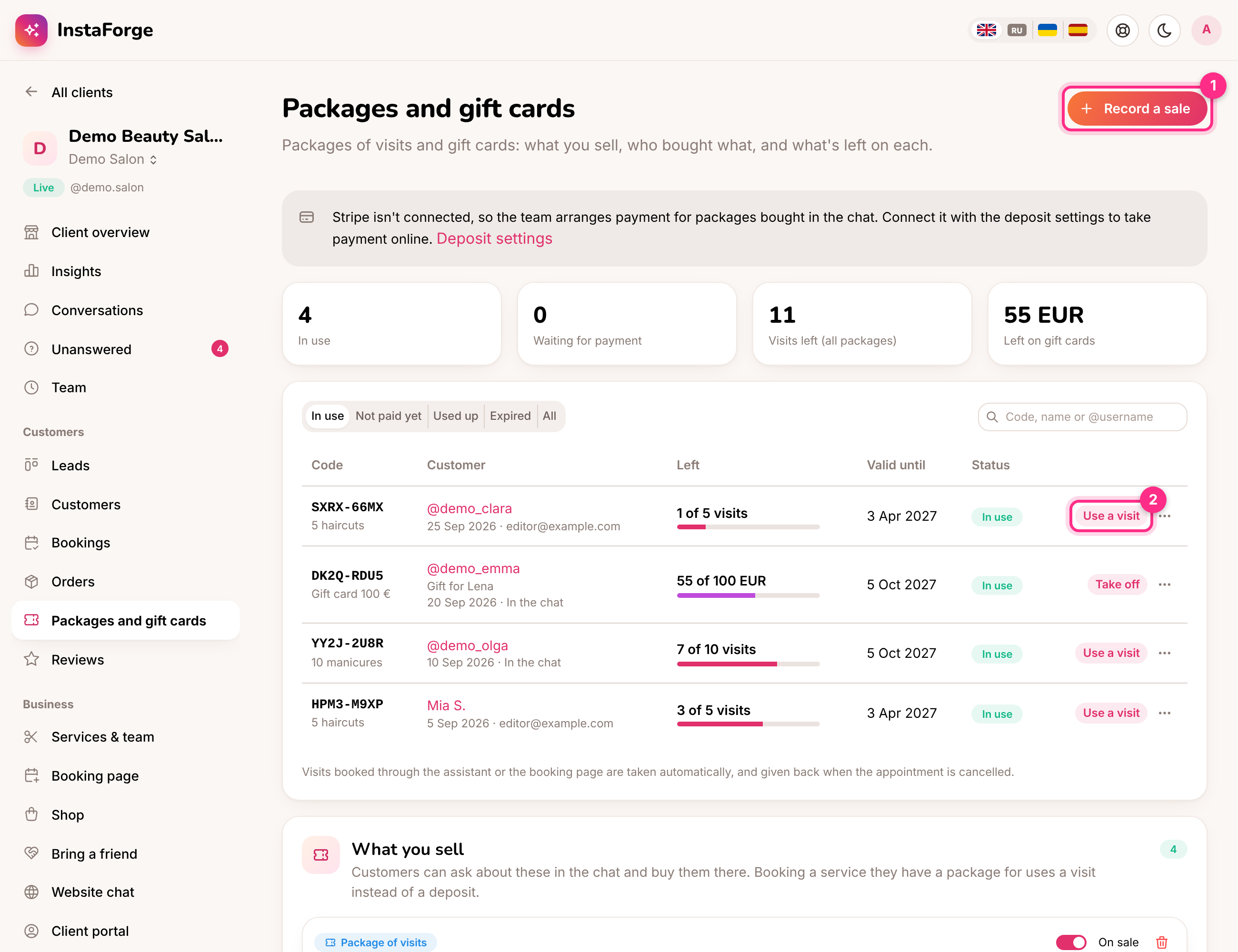 Packages and gift cards: record a sale (1) and use a visit (2)
