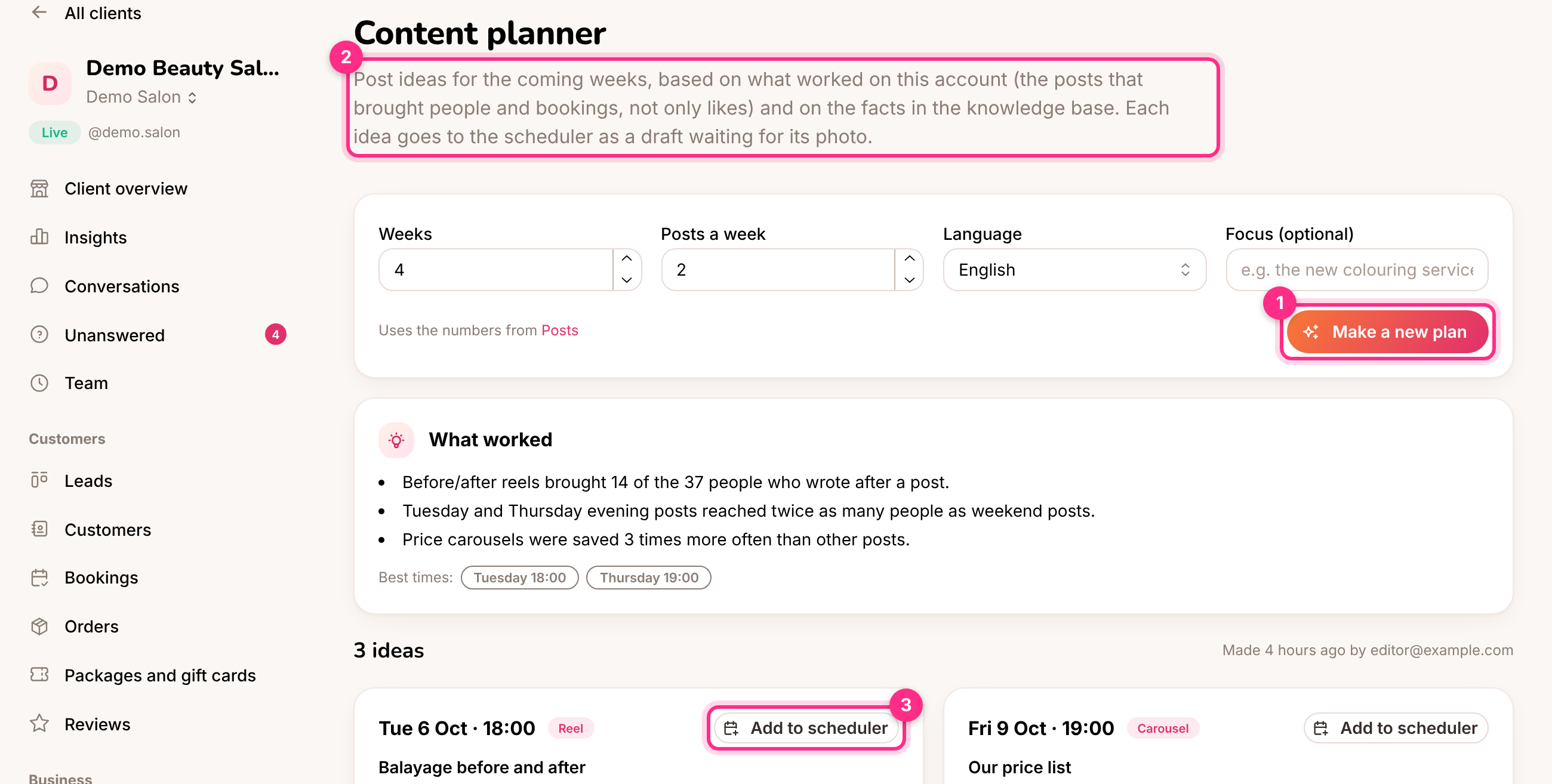 The content planner: make a plan (1), what worked (2) and add an idea to the scheduler (3)