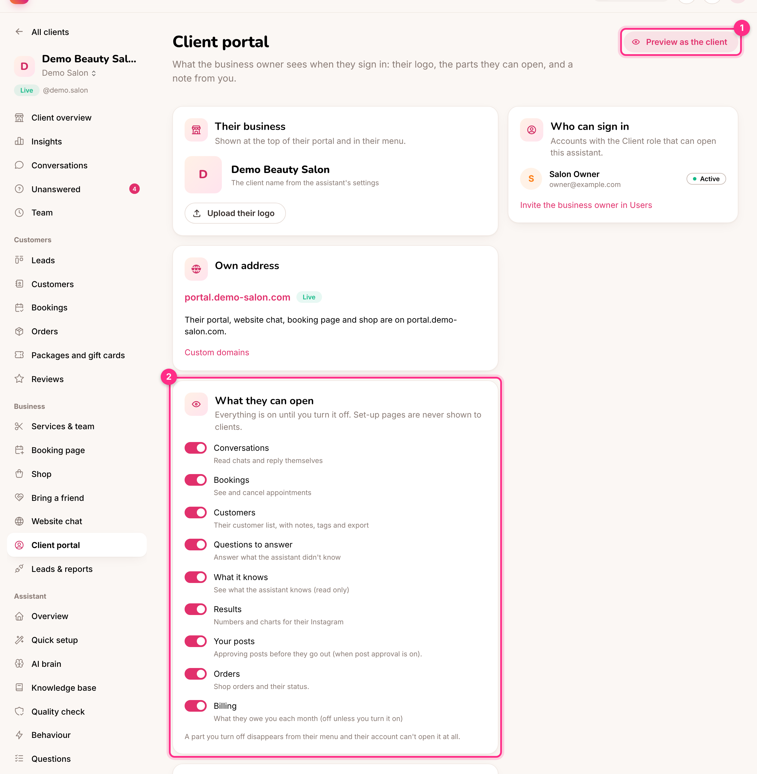 Client portal settings: preview as the client (1) and what they can open (2)