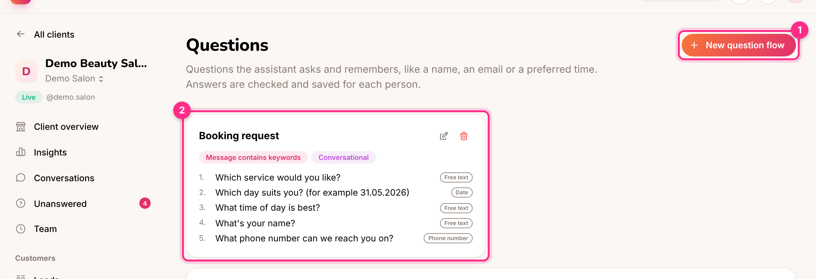 Questions: a new flow (1) and the booking request flow (2)