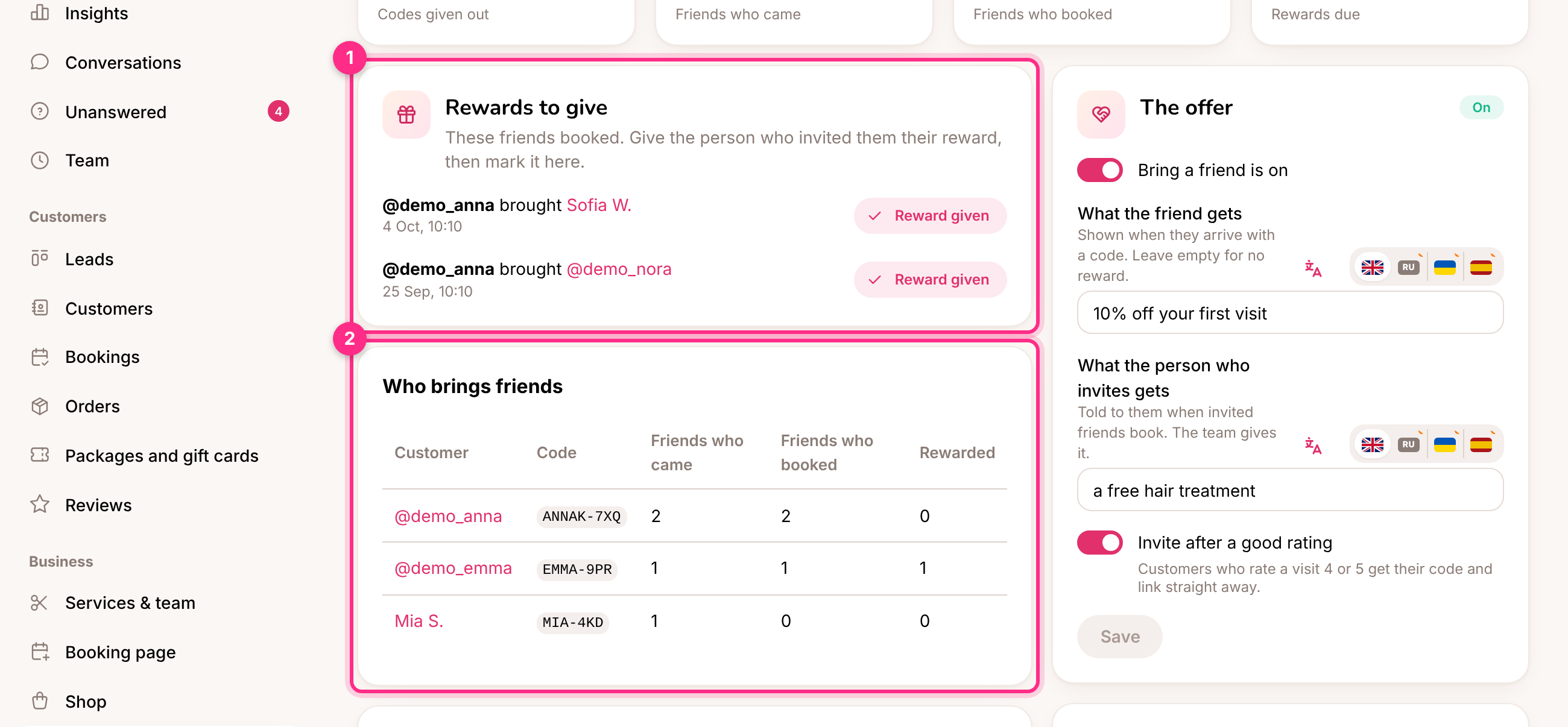 Bring a friend: rewards to give (1) and who brings friends (2)