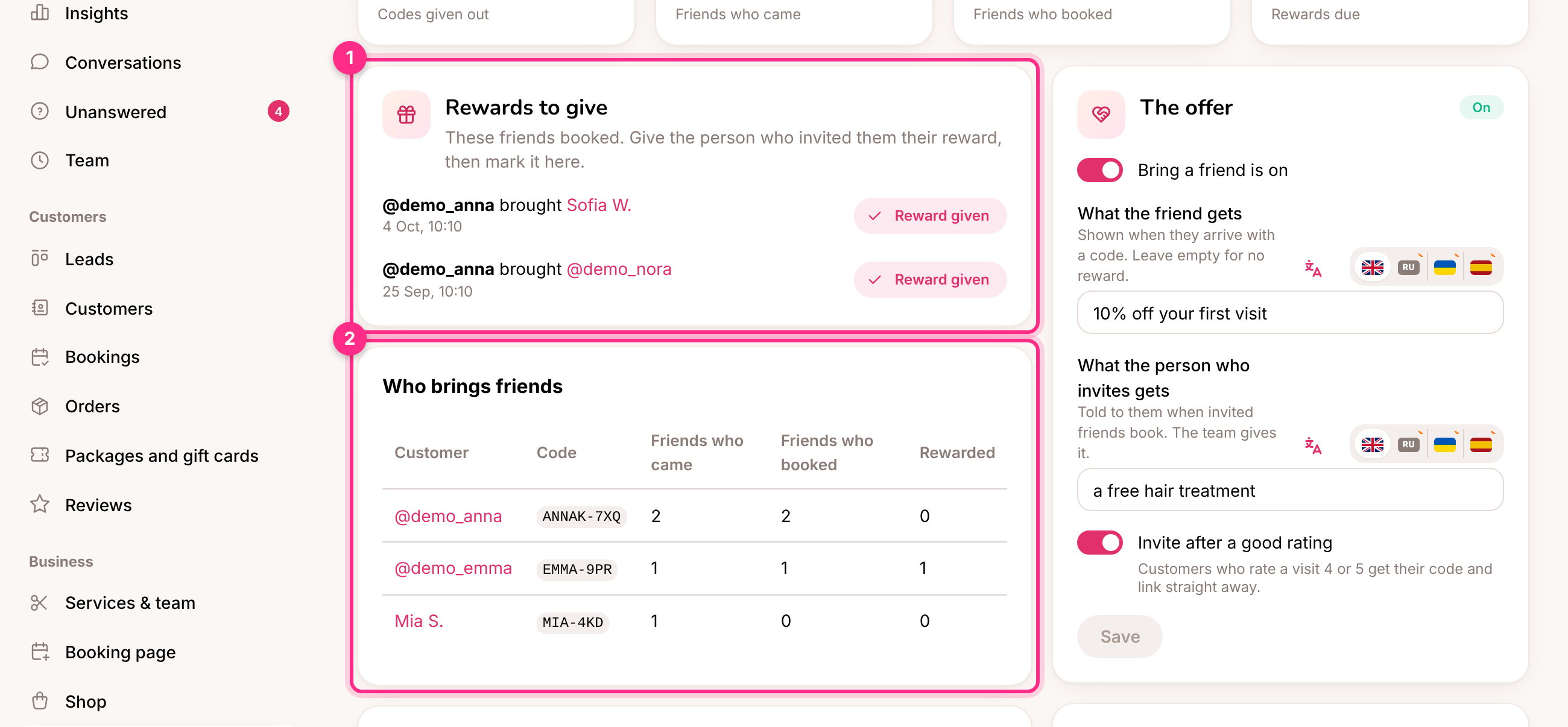 Bring a friend: rewards to give (1) and who brings friends (2)