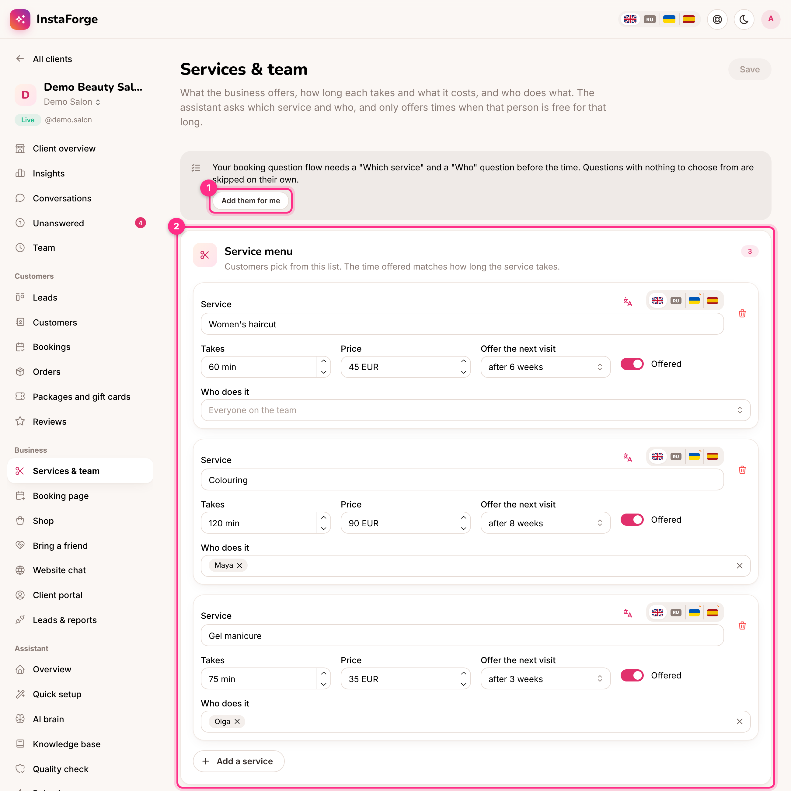 Services and team: add the booking questions (1) and the service menu (2)