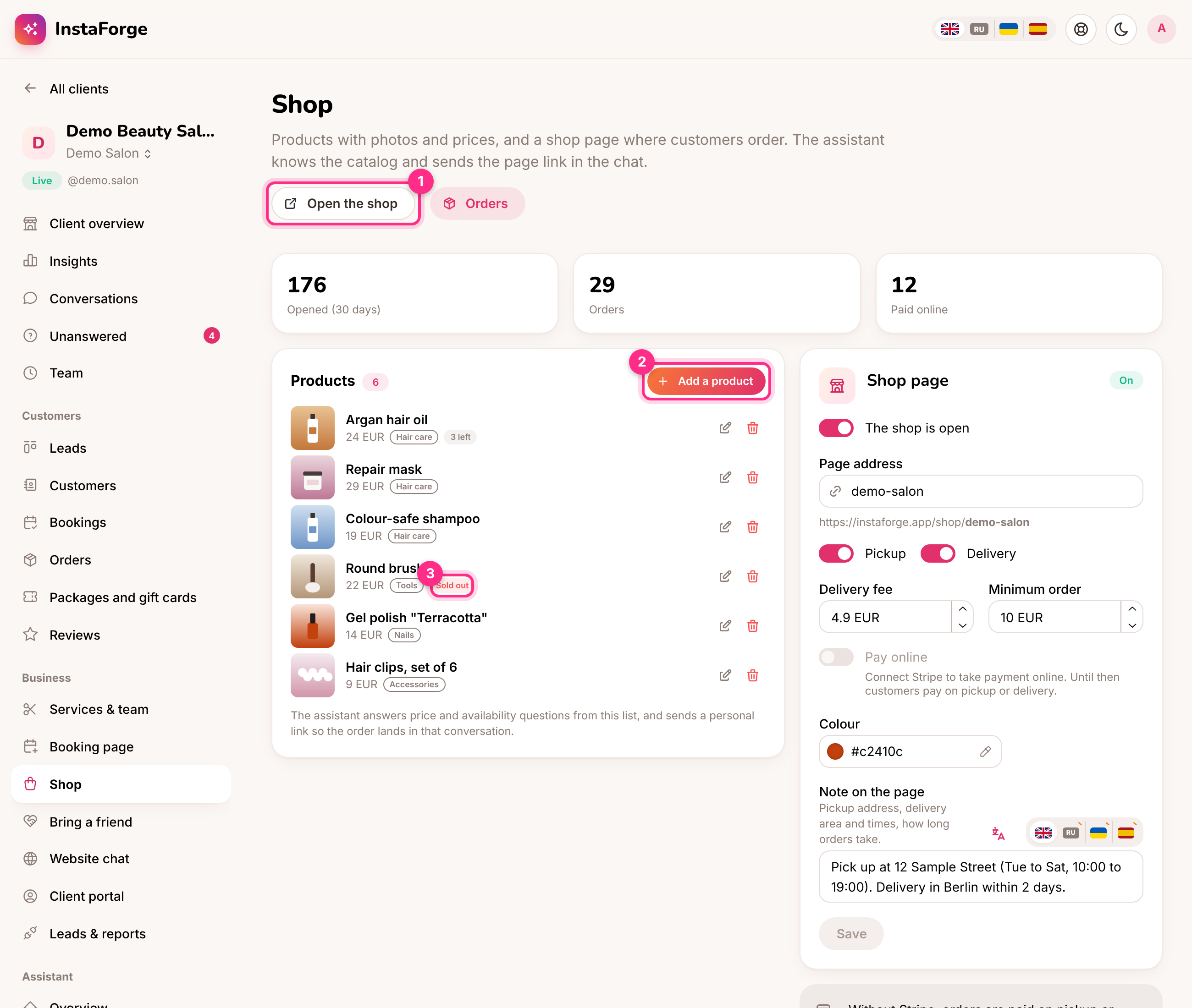 The Shop page: open the shop (1), add a product (2) and a sold-out product (3)