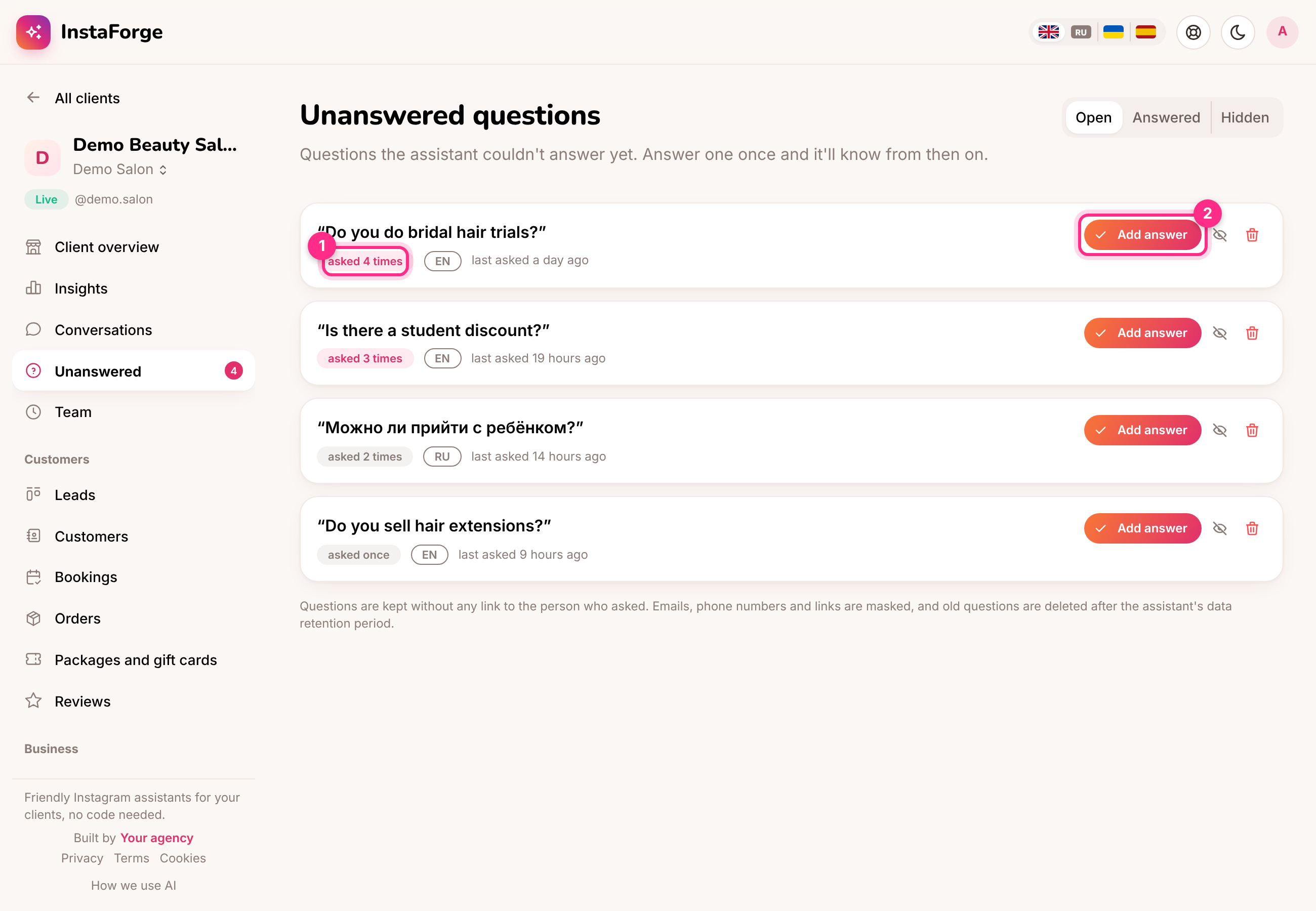 Unanswered questions: how often (1) and add an answer (2)