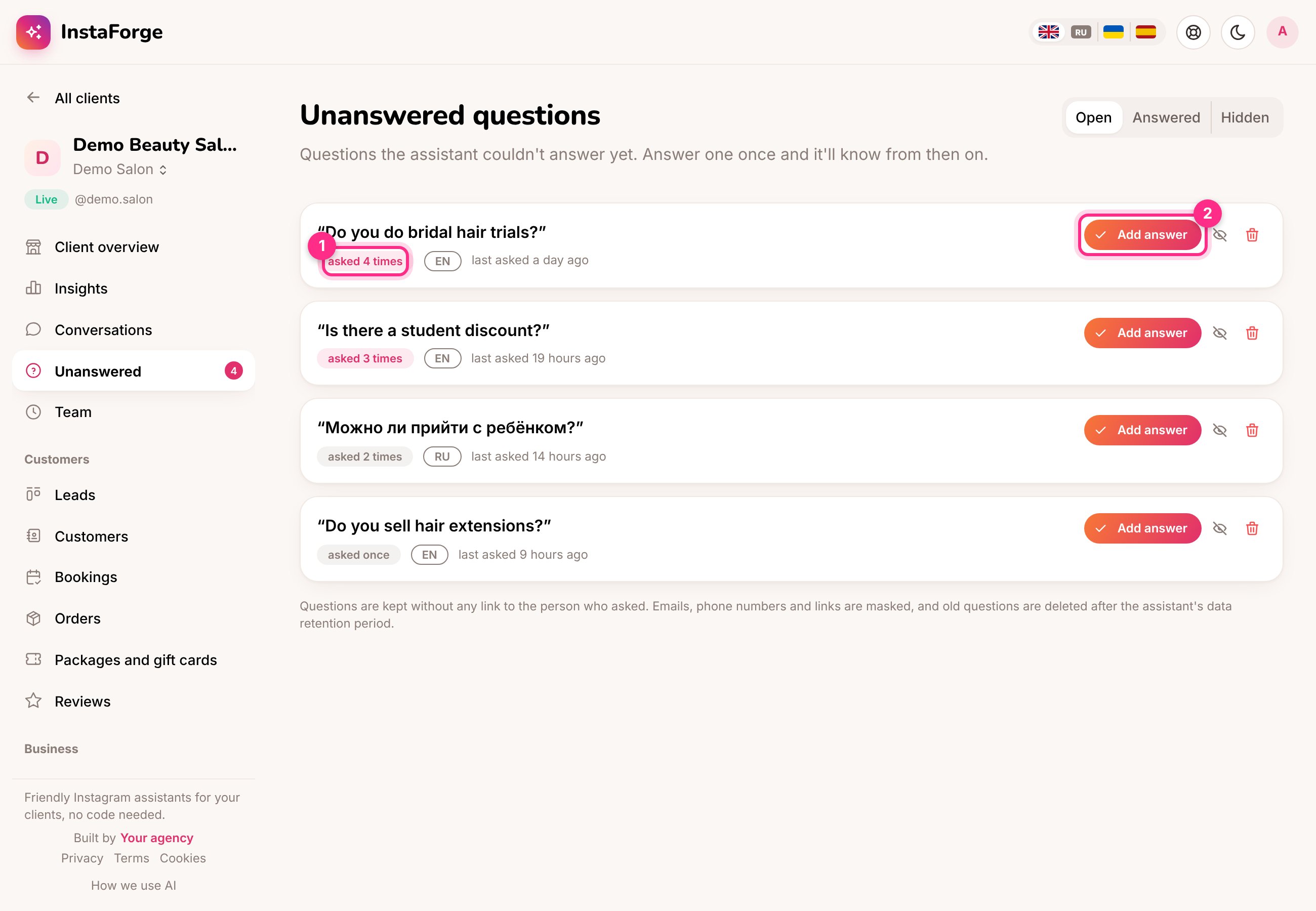 Unanswered questions: how often (1) and add an answer (2)