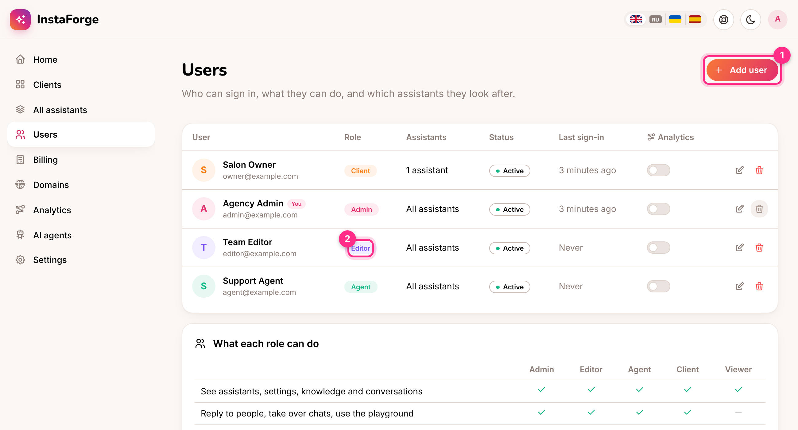 The Users page