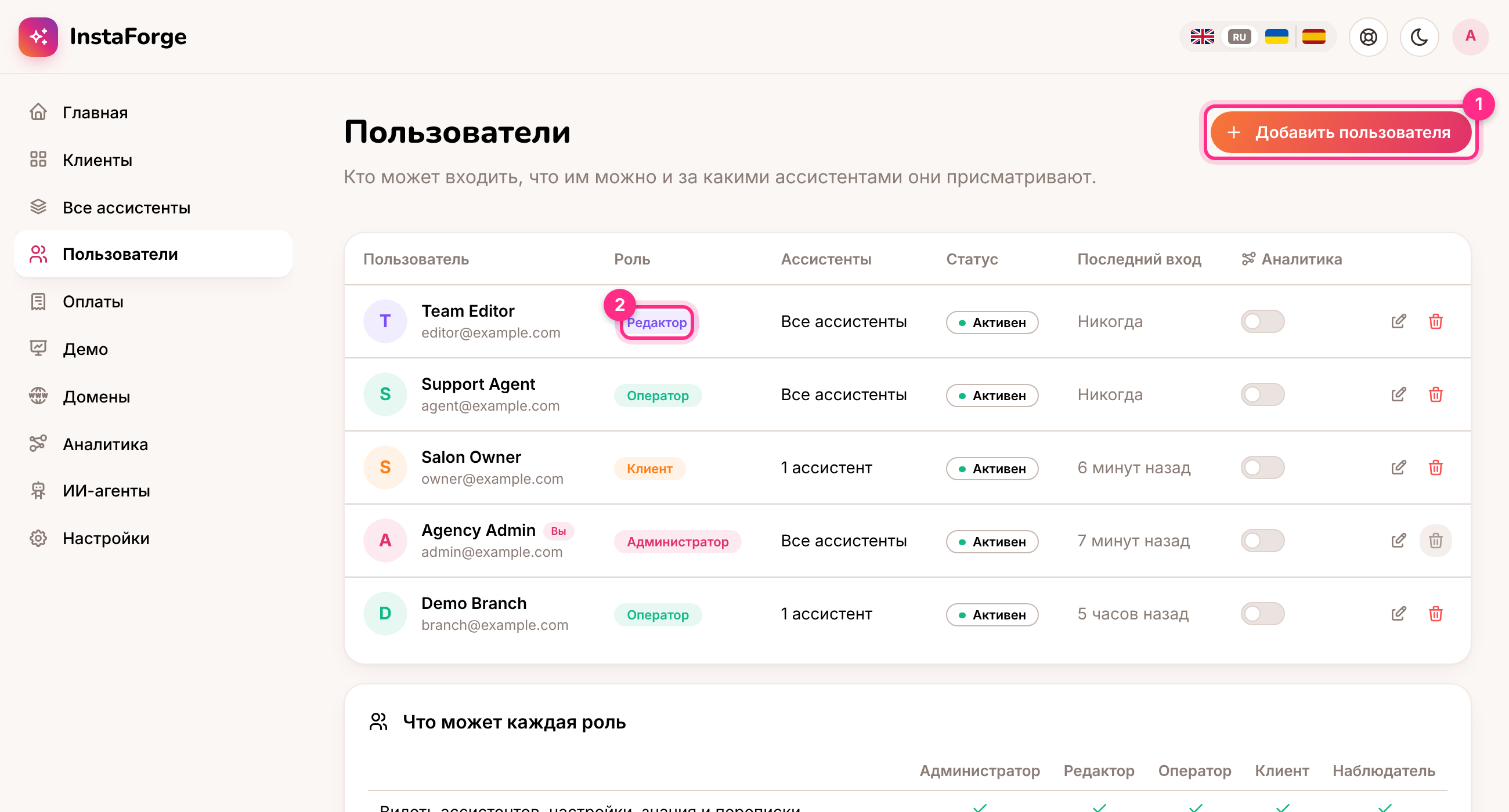 Страница «Пользователи»
