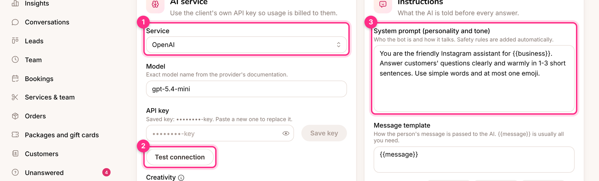 AI brain: the service (1), the connection test (2) and the personality (3)