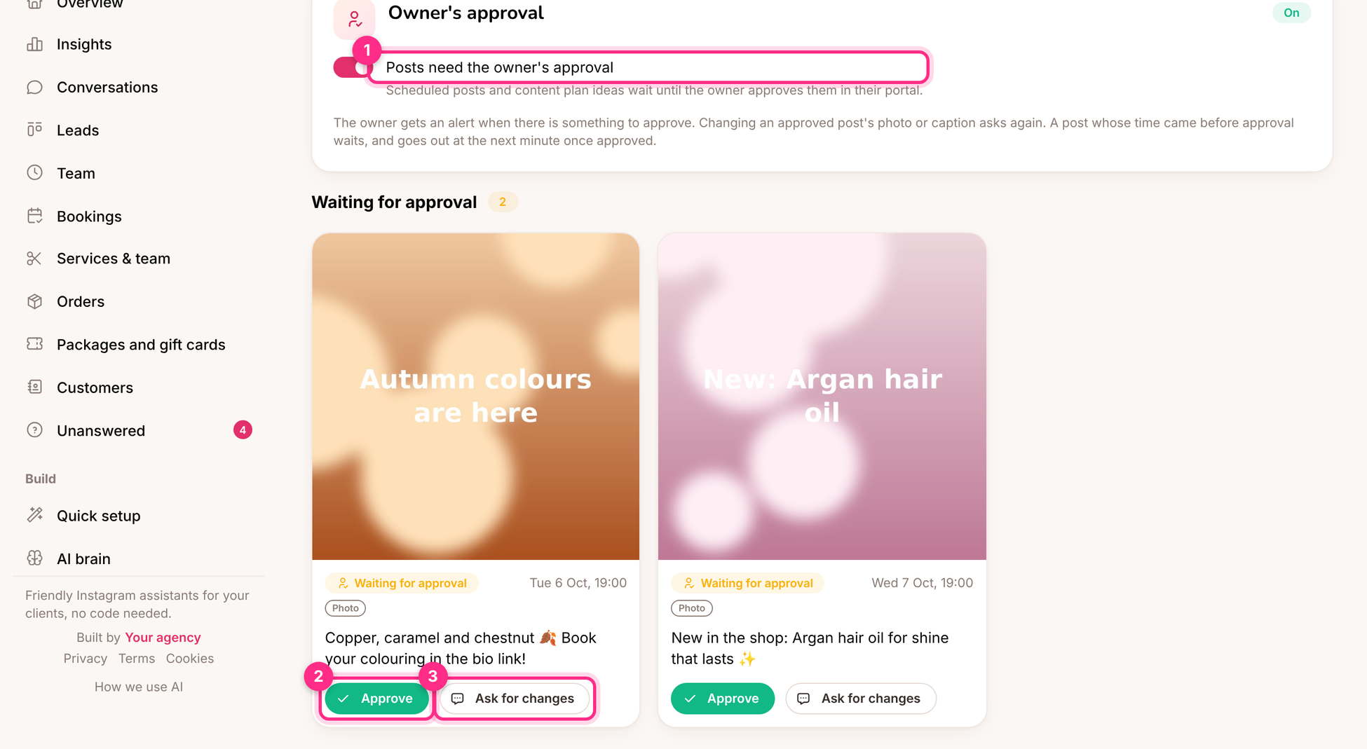 Post approval: the setting (1), approve (2) or ask for changes (3)