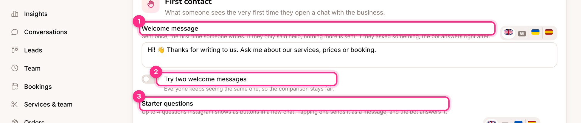 Welcome message (1), welcome test (2) and starter questions (3)