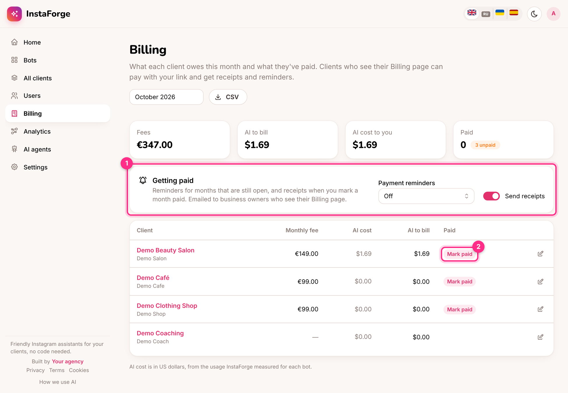 Billing: getting paid (1) and marking a month paid (2)