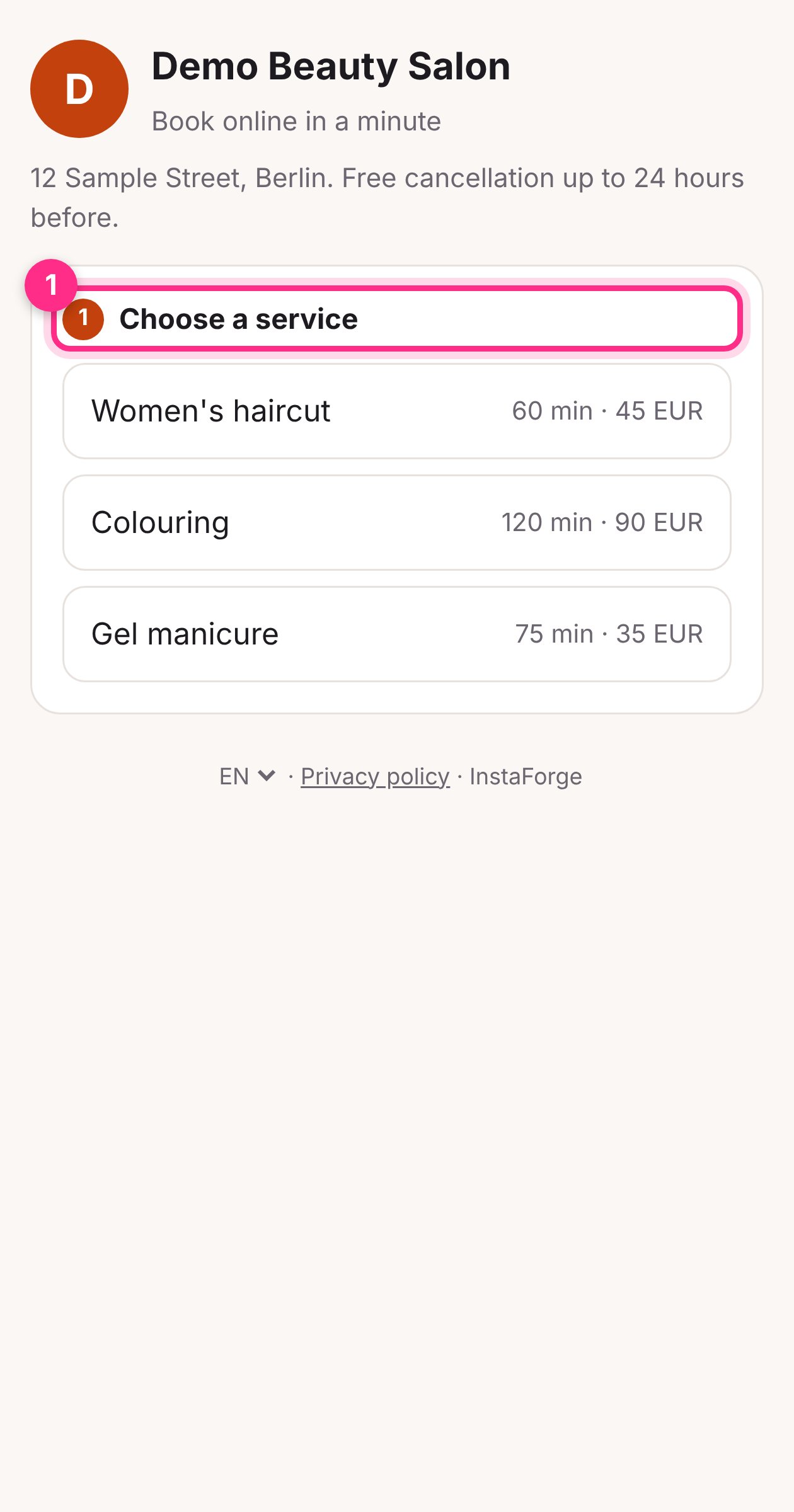 The booking page on a phone