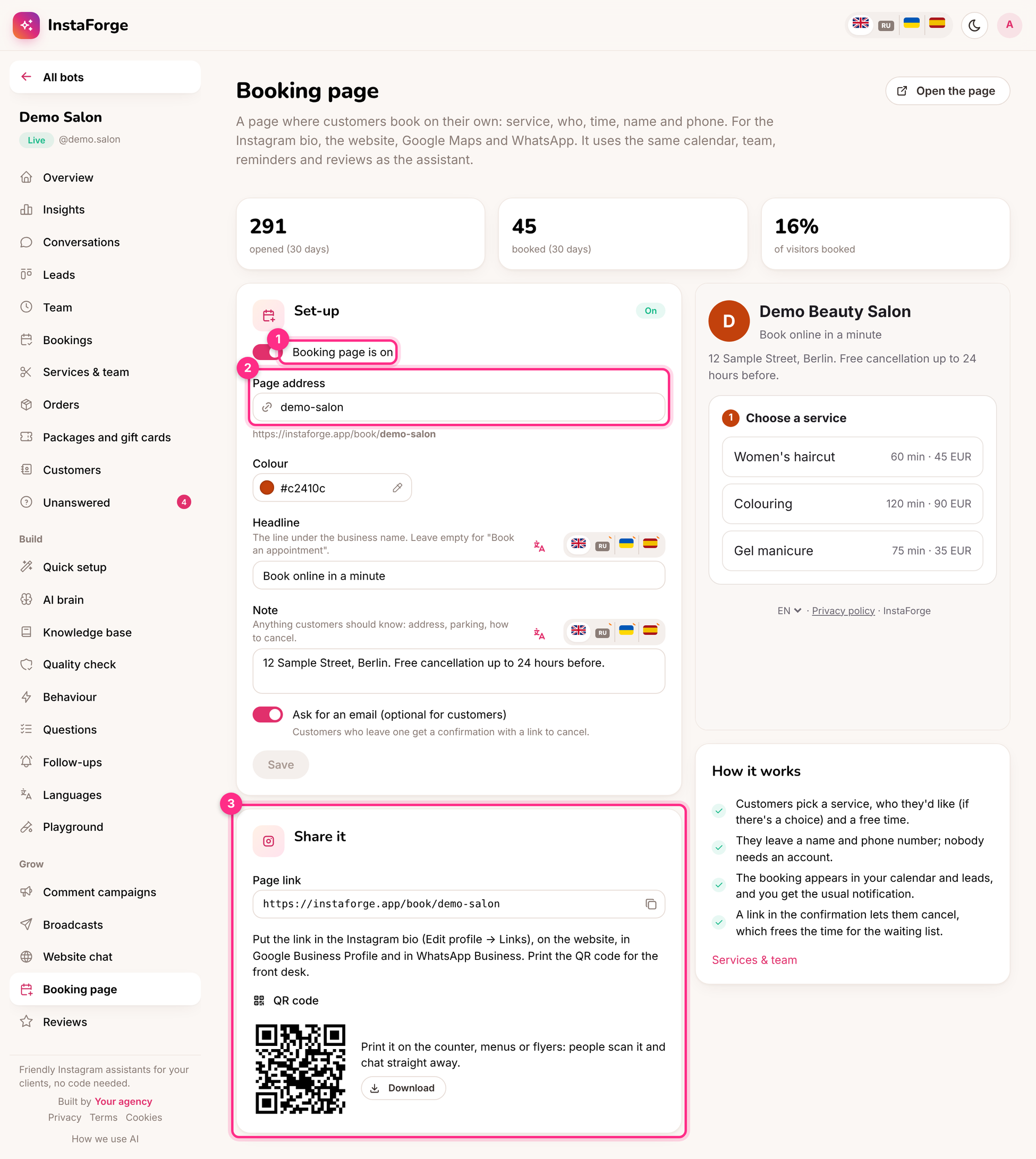 Booking page settings: turn it on (1), its address (2) and how to share it (3)
