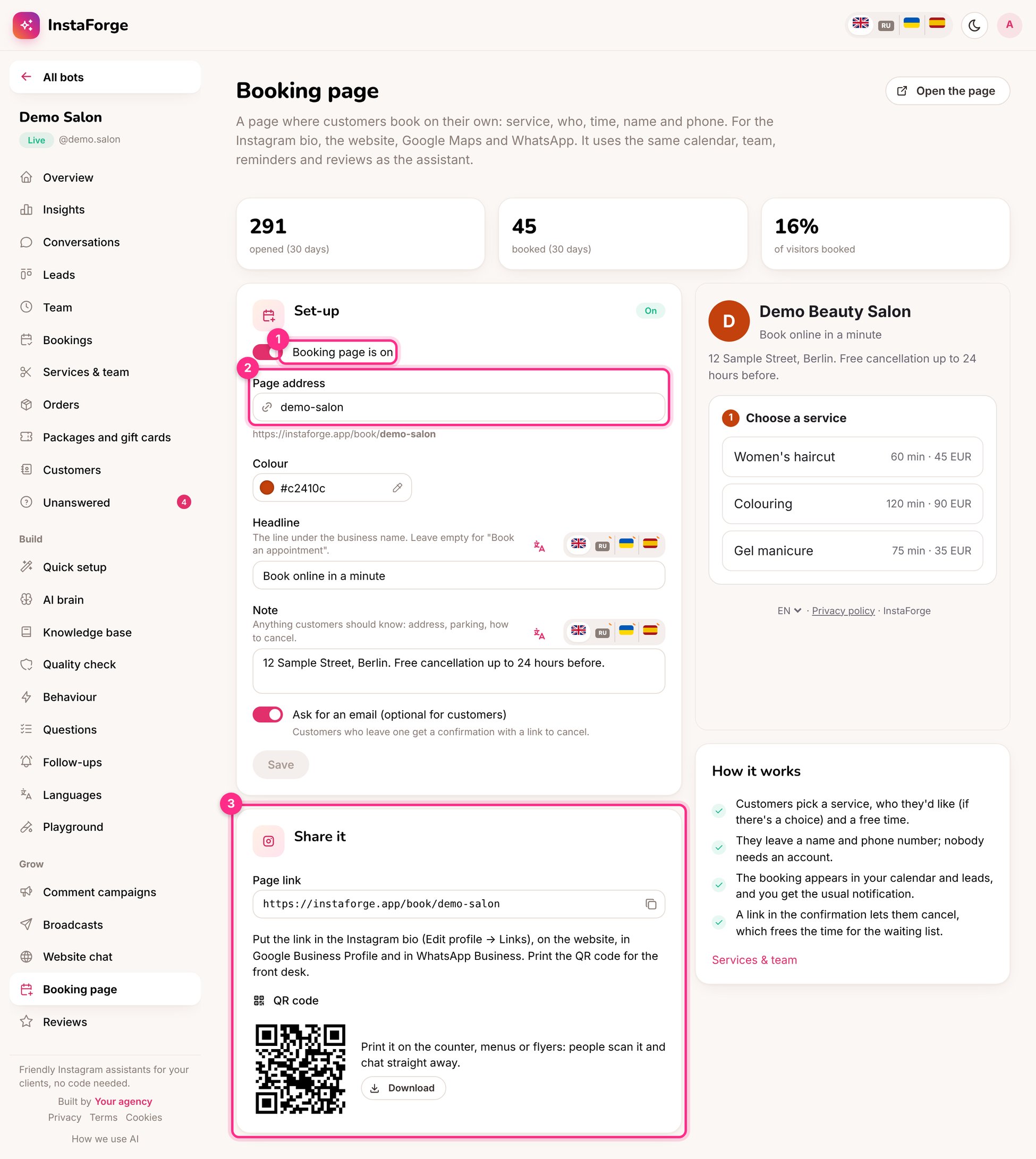 Booking page settings: turn it on (1), its address (2) and how to share it (3)