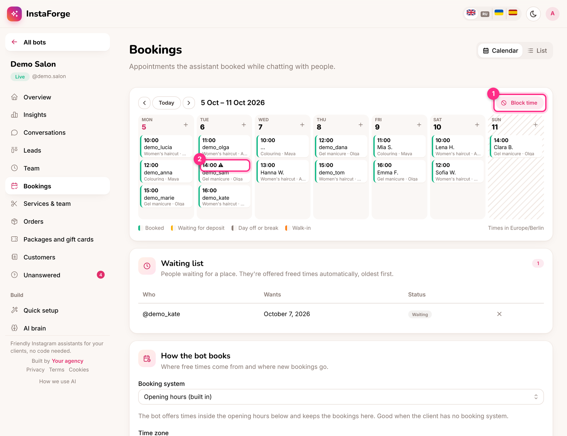 Bookings: block time (1) and an unconfirmed appointment (2)