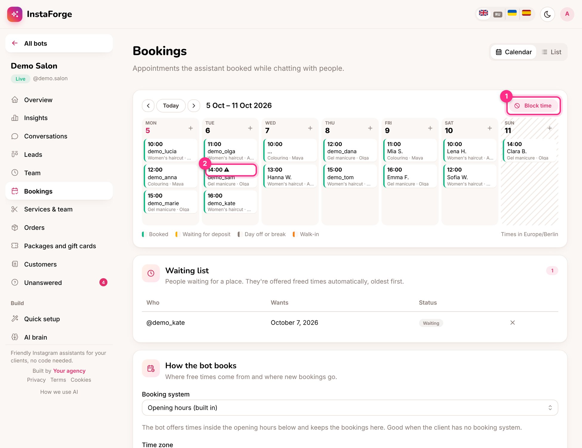 Bookings: block time (1) and an unconfirmed appointment (2)