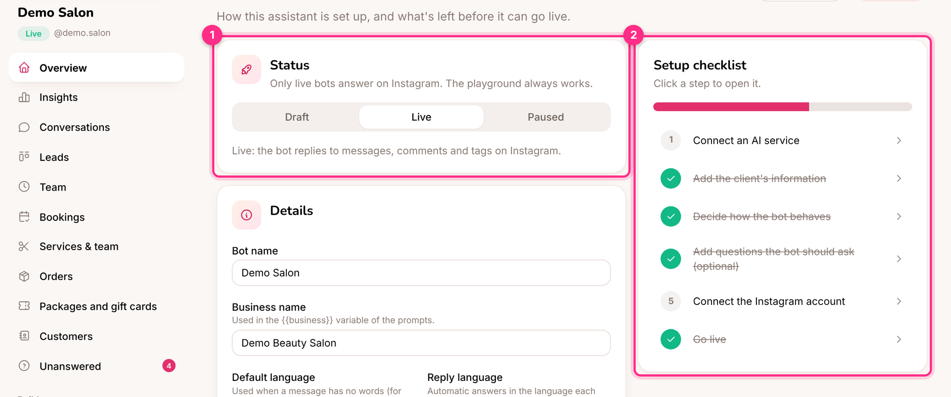 The status switch and setup checklist