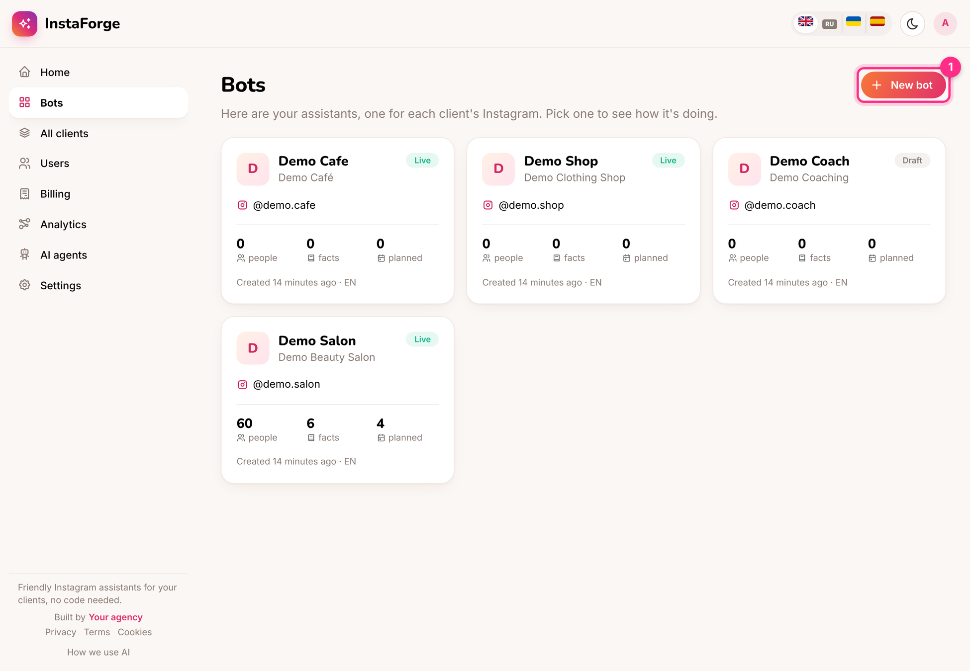 The Bots page with the New bot button
