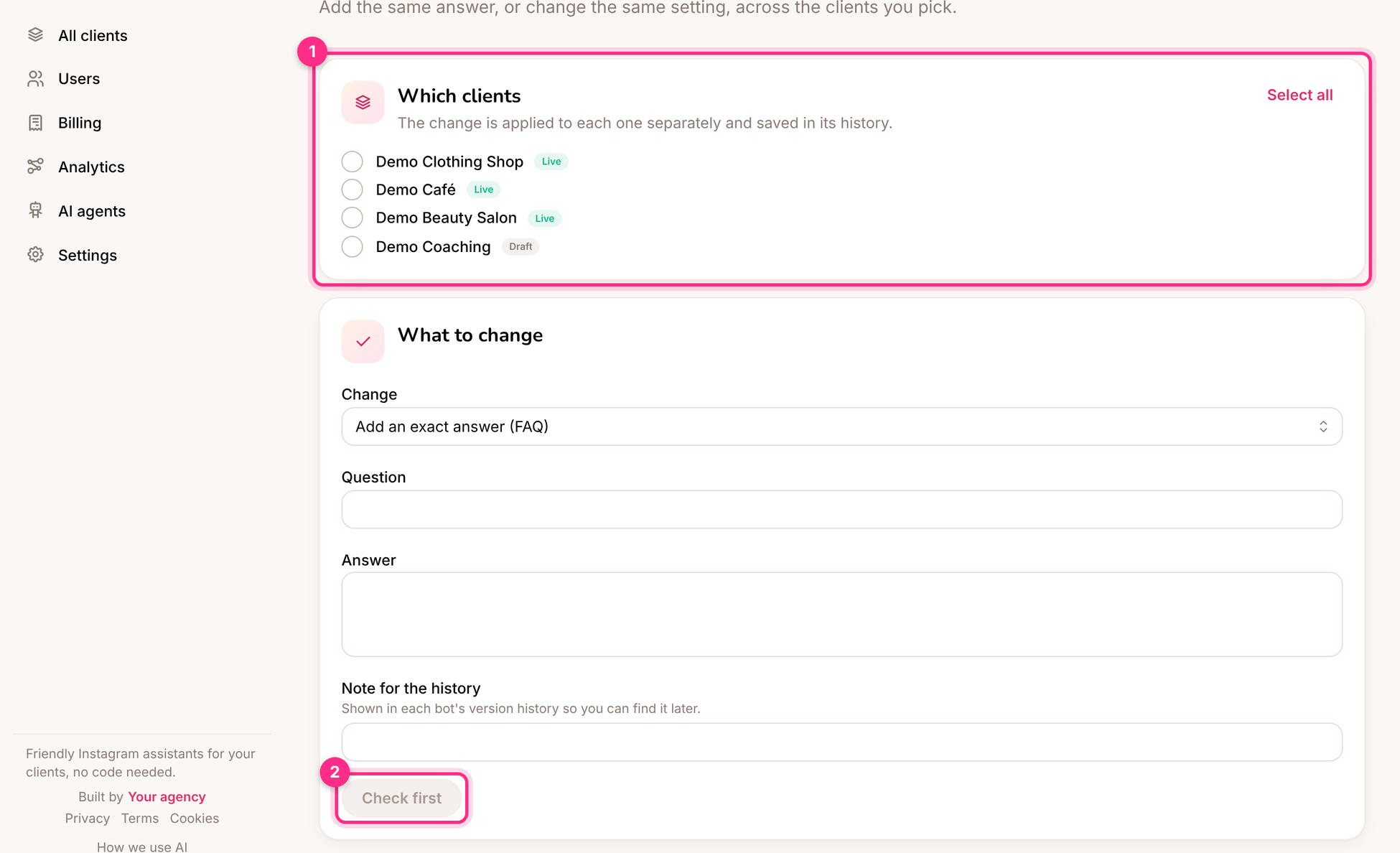 Change several at once: which clients (1) and check first (2)