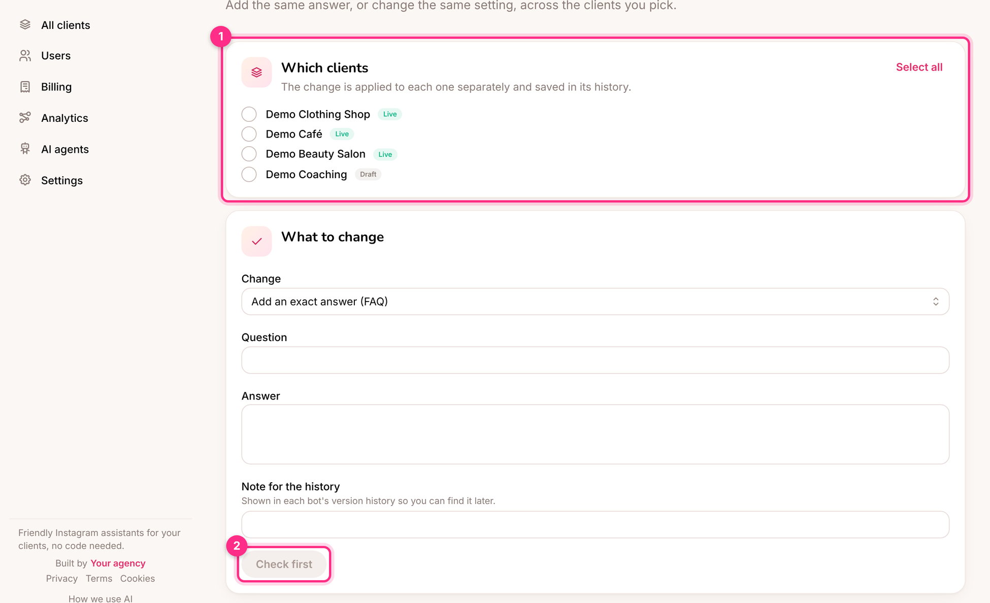 Change several at once: which clients (1) and check first (2)