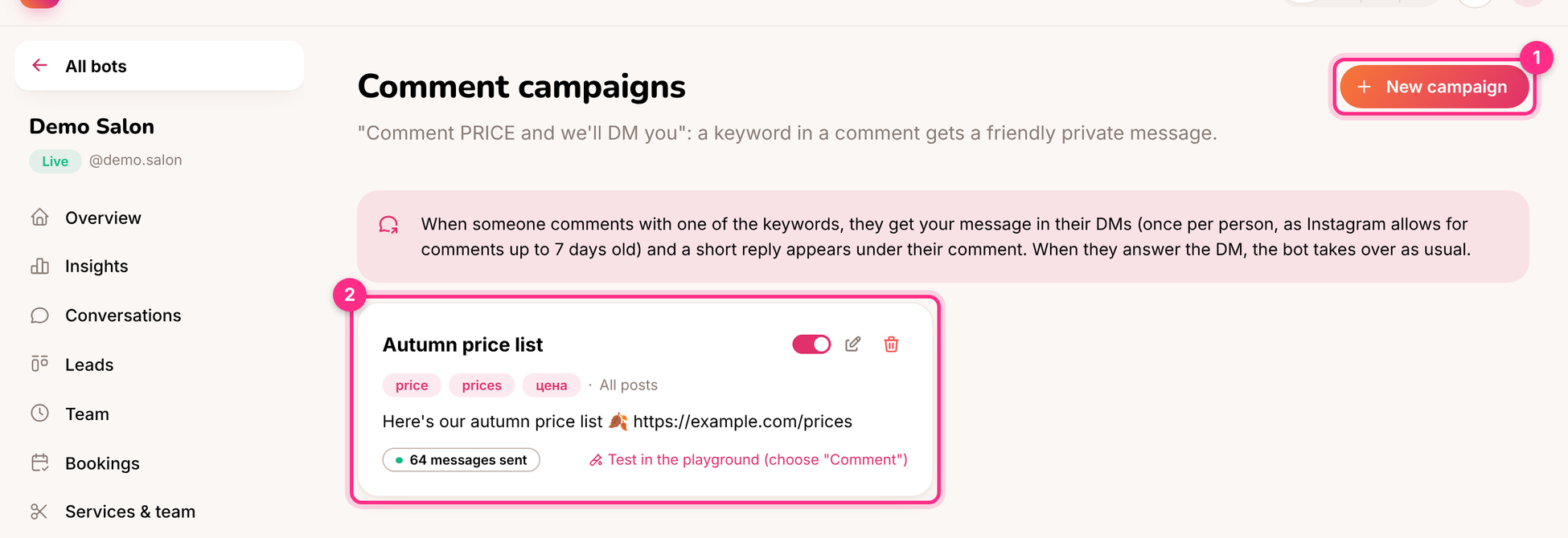 Comment campaigns: a new campaign (1) and a running one (2)