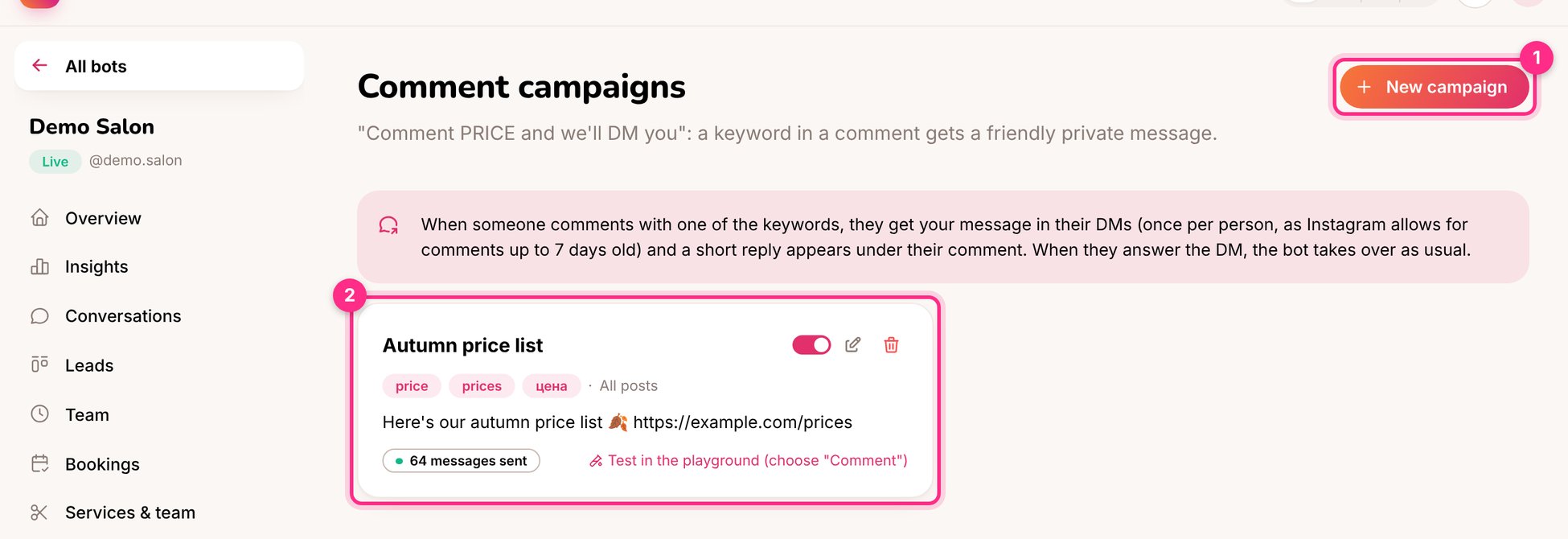 Comment campaigns: a new campaign (1) and a running one (2)