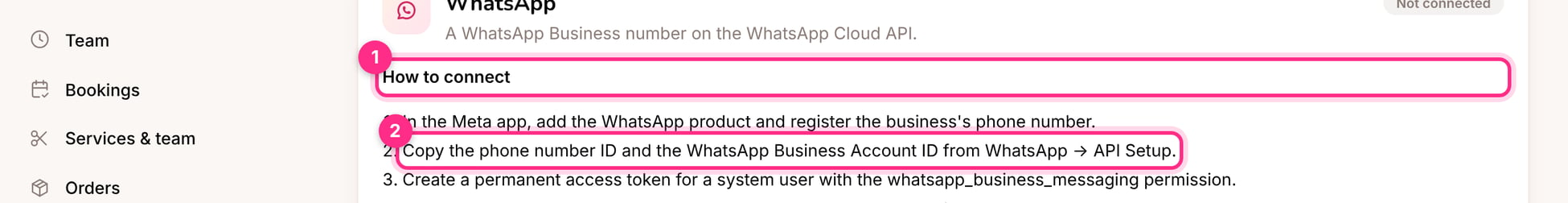 WhatsApp and Messenger: how to connect (1) and the details to paste (2)