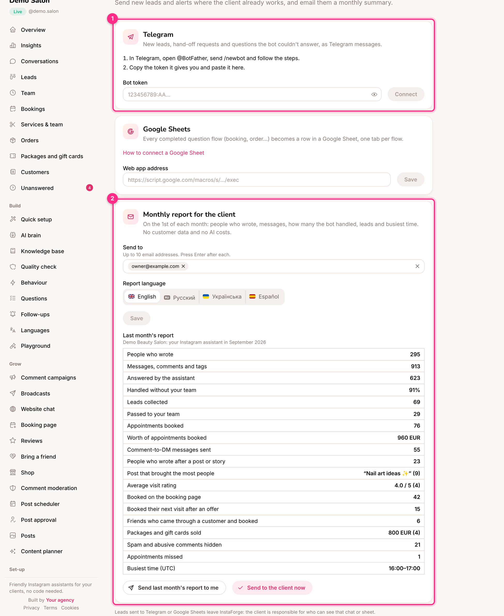 Leads and reports: Telegram (1) and the monthly report (2)