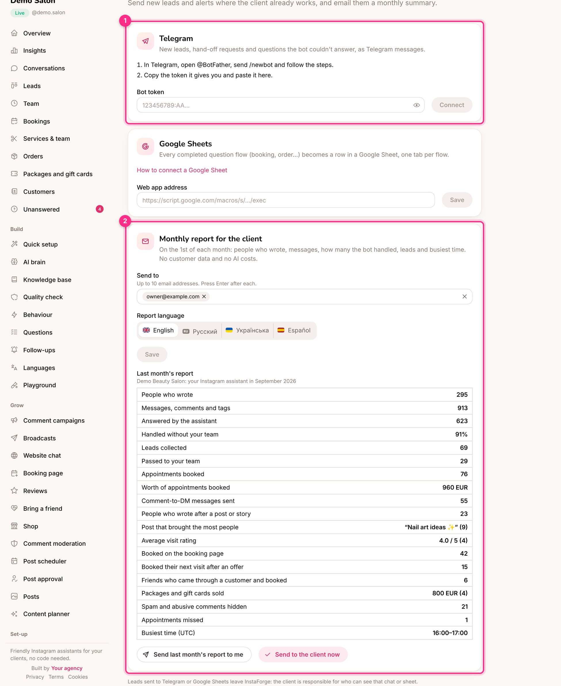 Leads and reports: Telegram (1) and the monthly report (2)