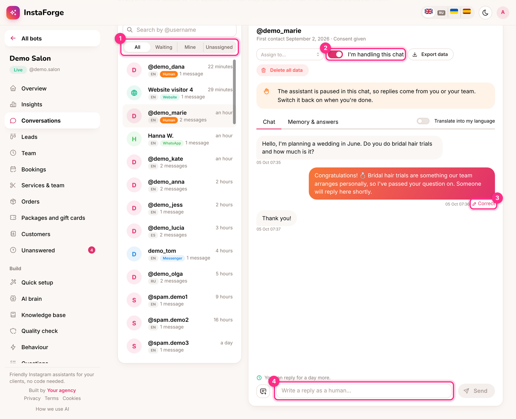 The inbox: filters (1), taking over a chat (2), correcting an answer (3) and replying (4)