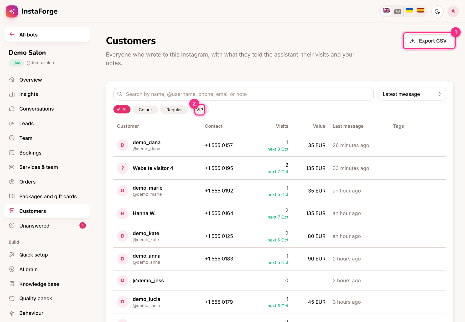 Customers: export (1) and tags (2)