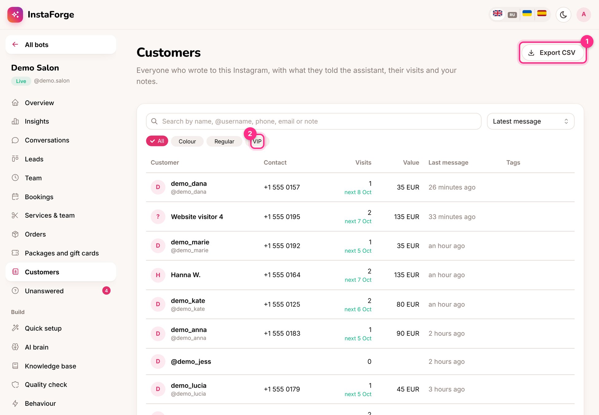 Customers: export (1) and tags (2)