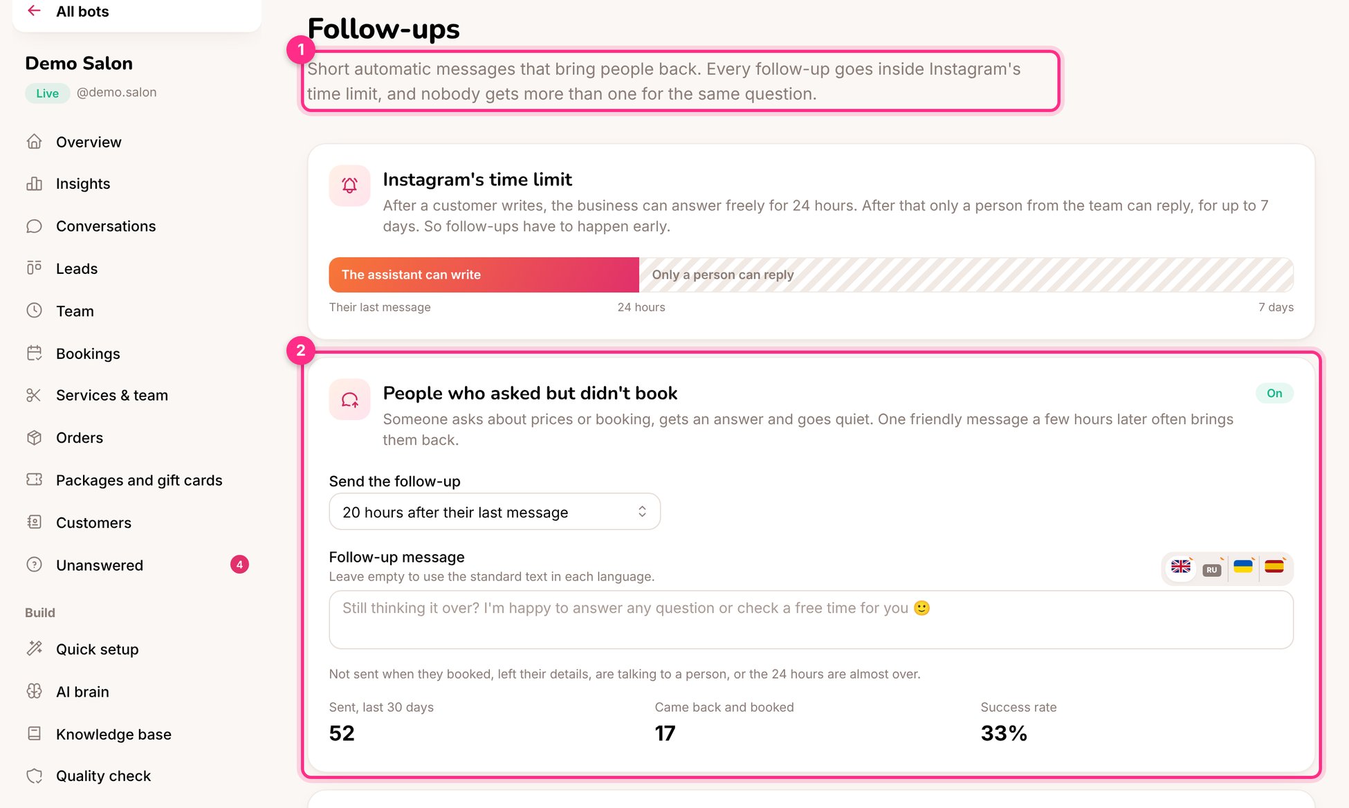 Follow-ups: Instagram's time limit (1) and the follow-up for people who didn't book (2)