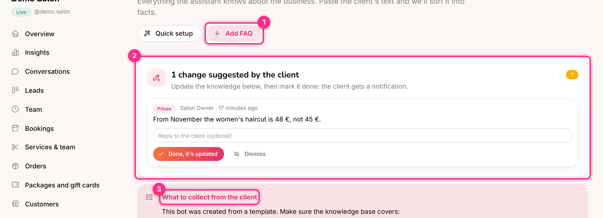 The knowledge base: add FAQ (1), the client's suggested change (2) and the template checklist (3)
