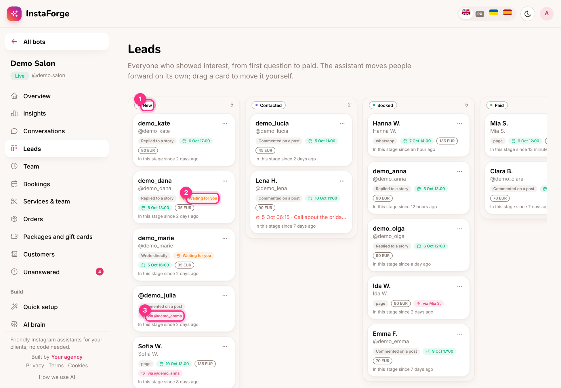 Leads: the stages (1), people waiting for you (2) and who invited them (3)