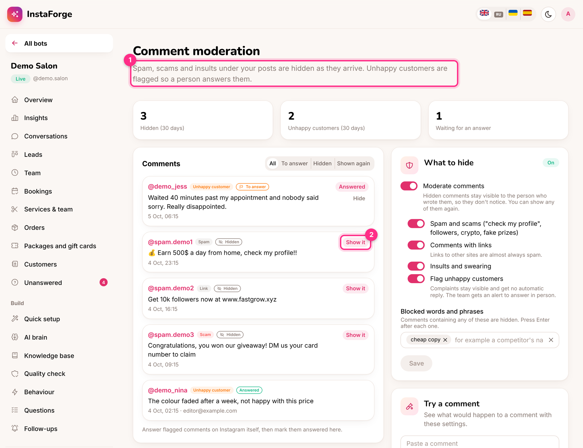 Comment moderation: an unhappy customer to answer (1) and a hidden comment you can show again (2)
