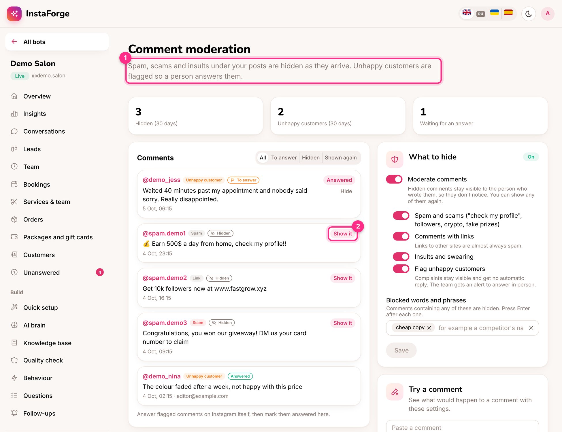 Comment moderation: an unhappy customer to answer (1) and a hidden comment you can show again (2)