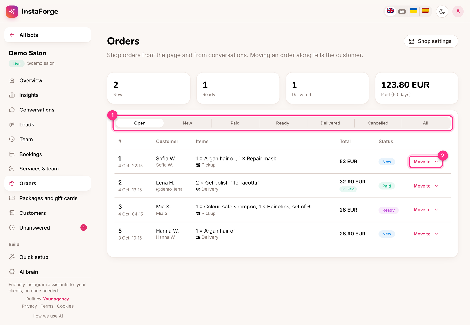 Orders: filter by status (1) and move an order along (2)