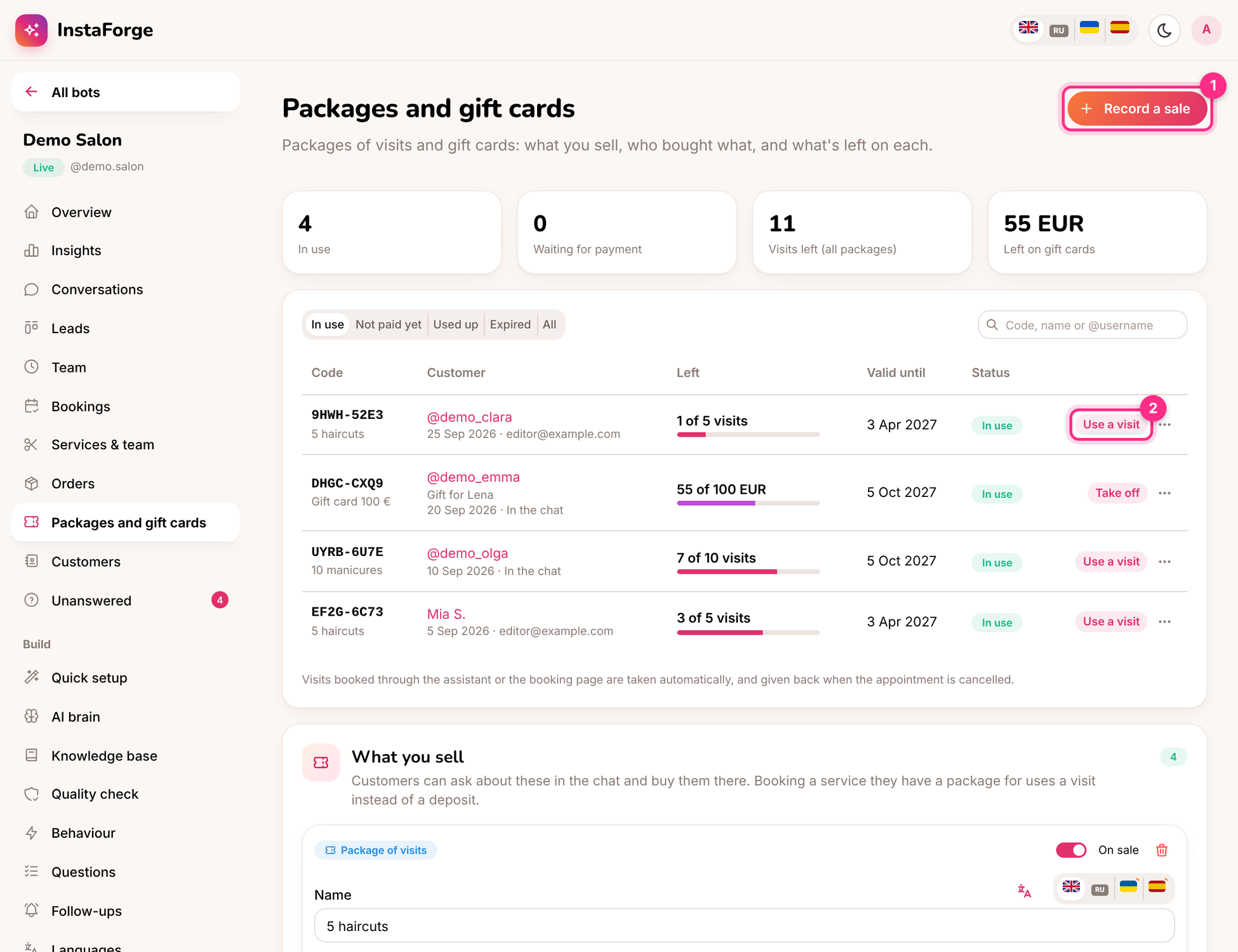 Packages and gift cards: record a sale (1) and use a visit (2)