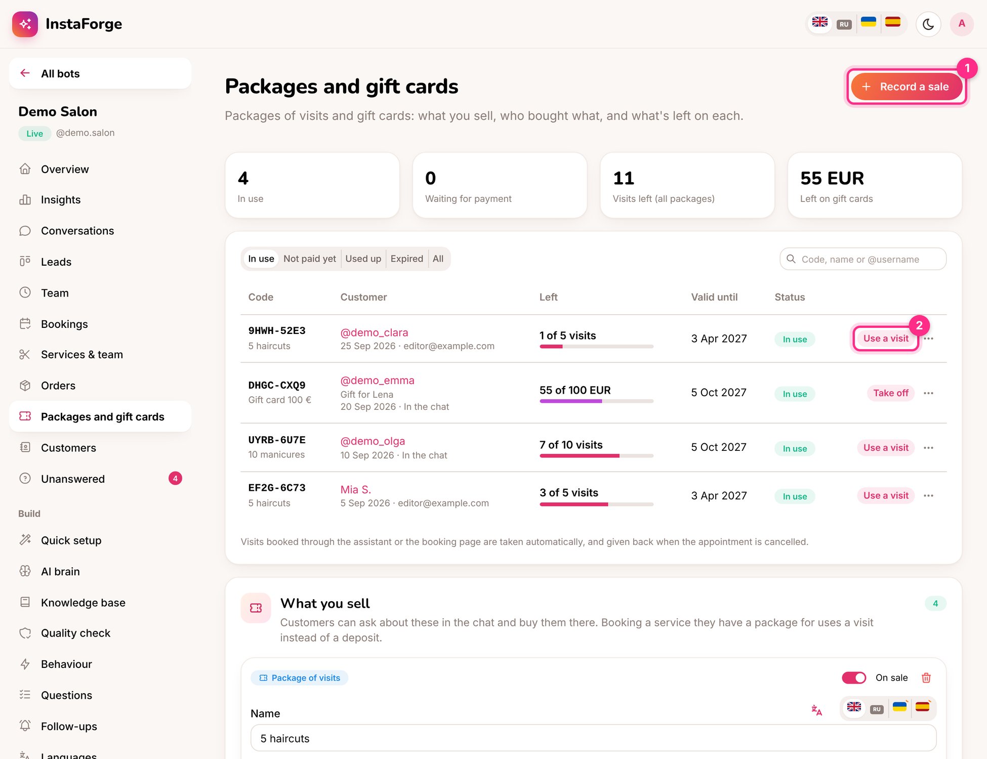 Packages and gift cards: record a sale (1) and use a visit (2)