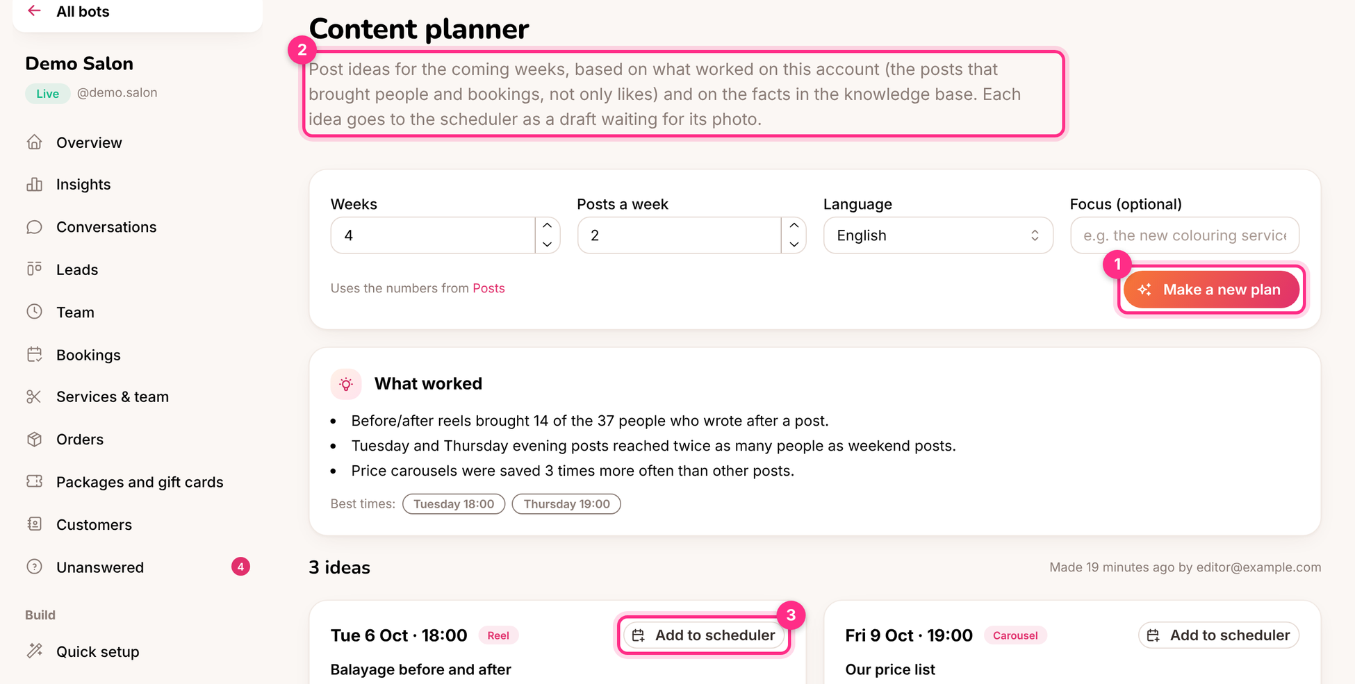 The content planner: make a plan (1), what worked (2) and add an idea to the scheduler (3)